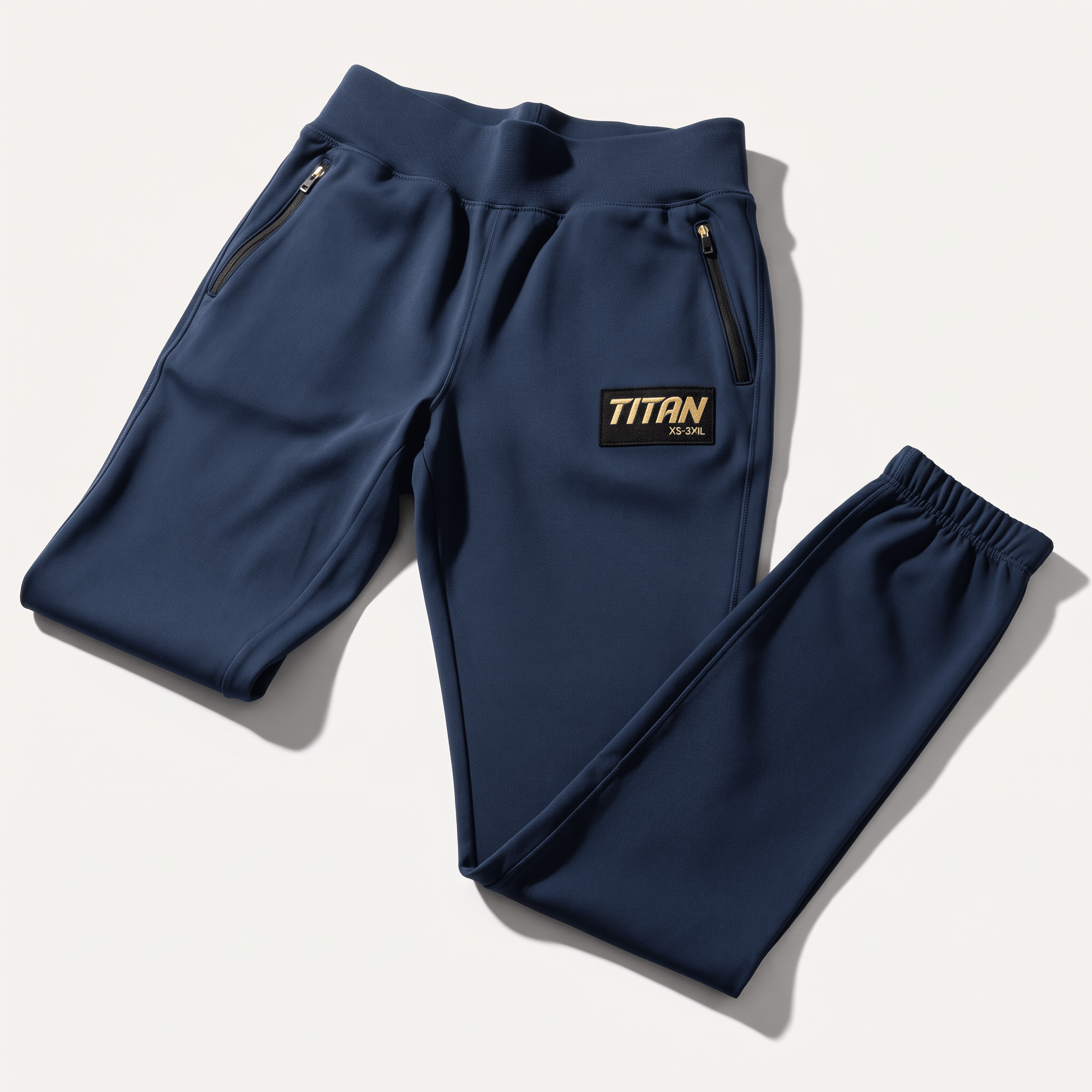 Navy blue athletic sweatpants with zippered pockets and gold Titan logo label on white background