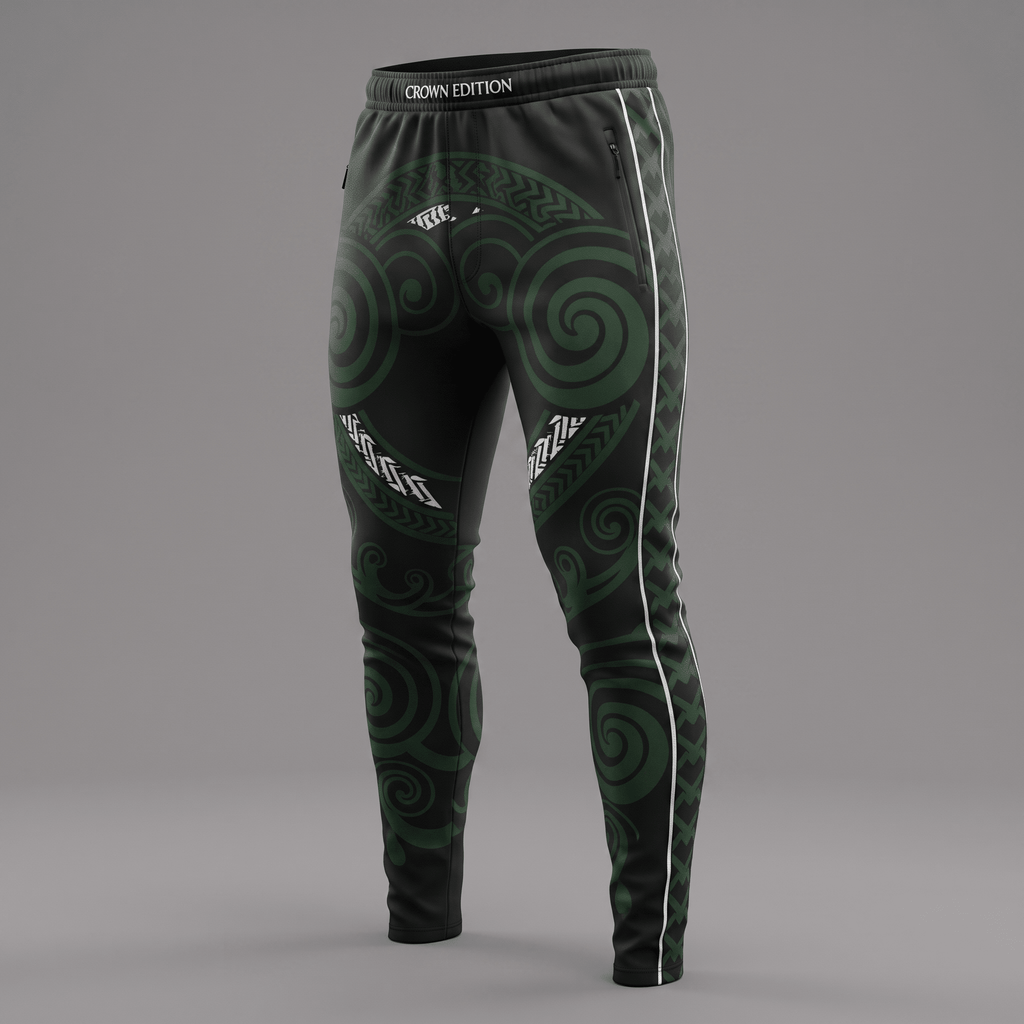 Black athletic sweatpants with green and white Polynesian tribal patterns and Crown Edition waistband.