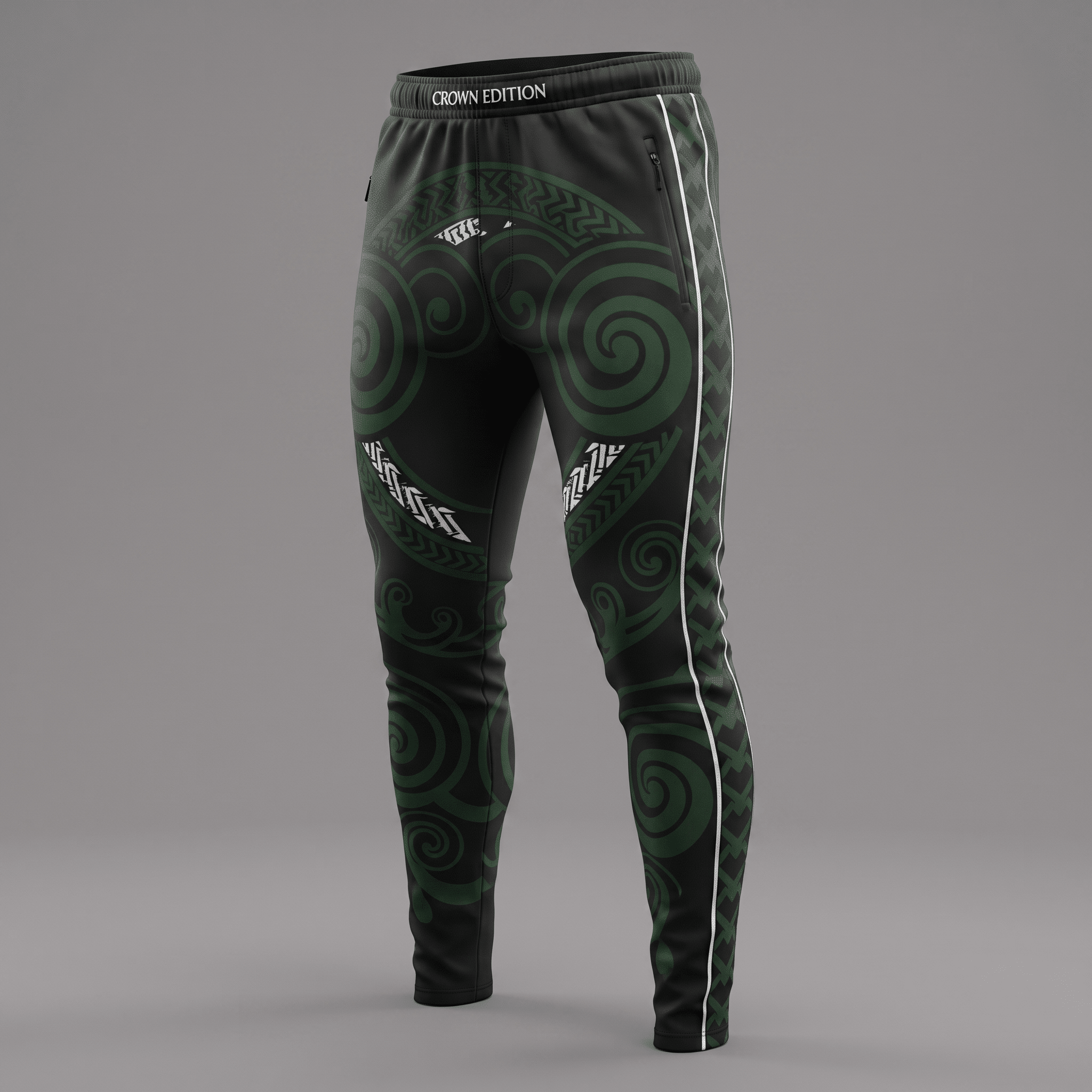 Black athletic sweatpants with green and white Polynesian tribal patterns and Crown Edition waistband.