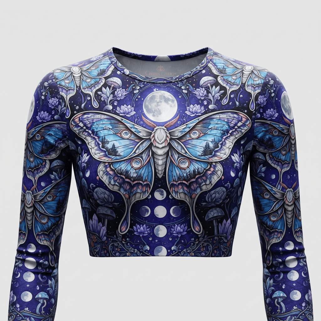 Blue long-sleeve crop top featuring a mystical lunar moth, moon phases, and forest mushroom print.
