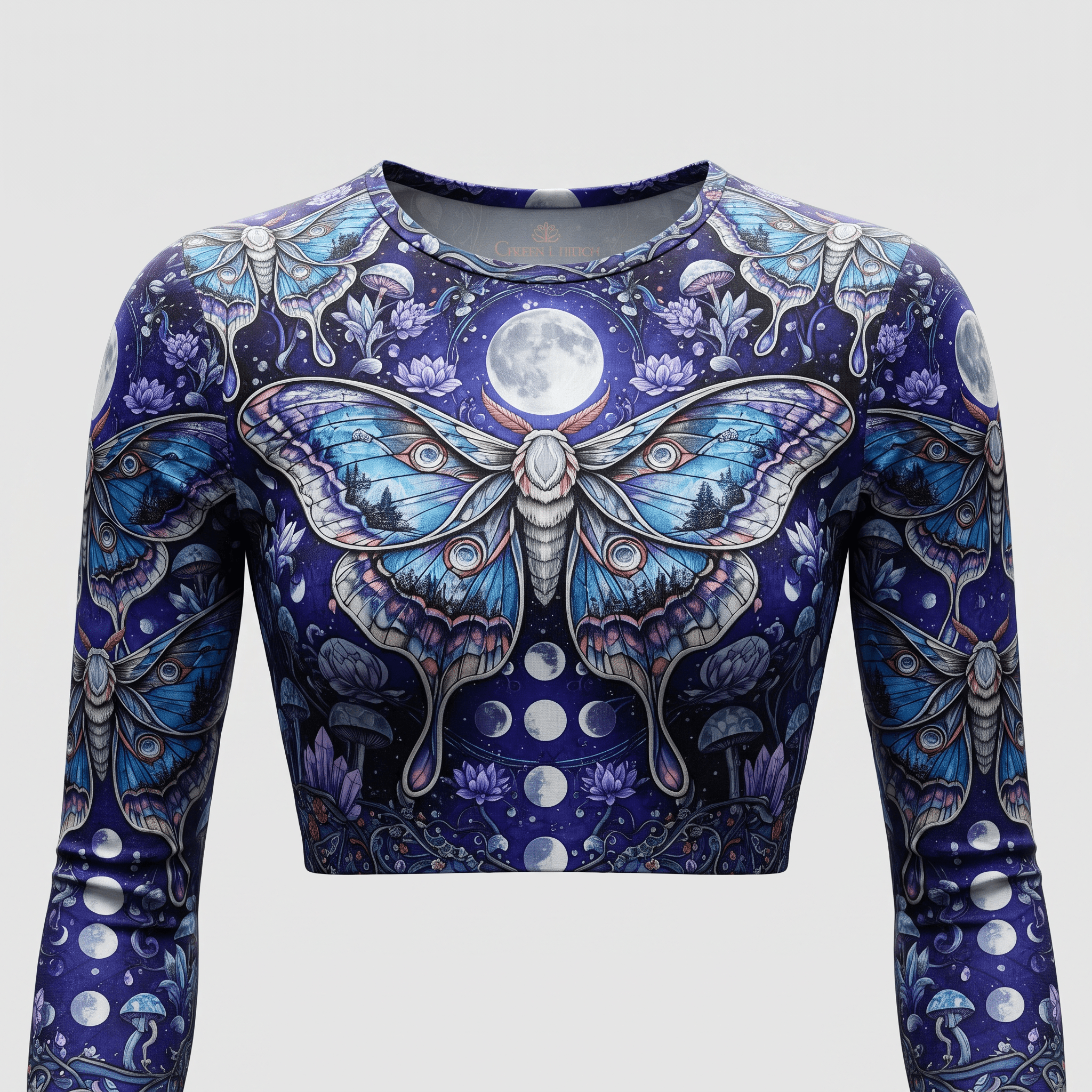 Blue long-sleeve crop top featuring a mystical lunar moth, moon phases, and forest mushroom print.