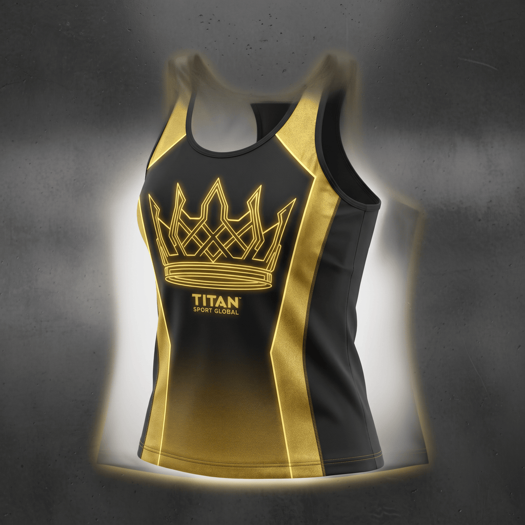 Black and gold women athletic tank top with a crown logo and Titan Sport Global text.