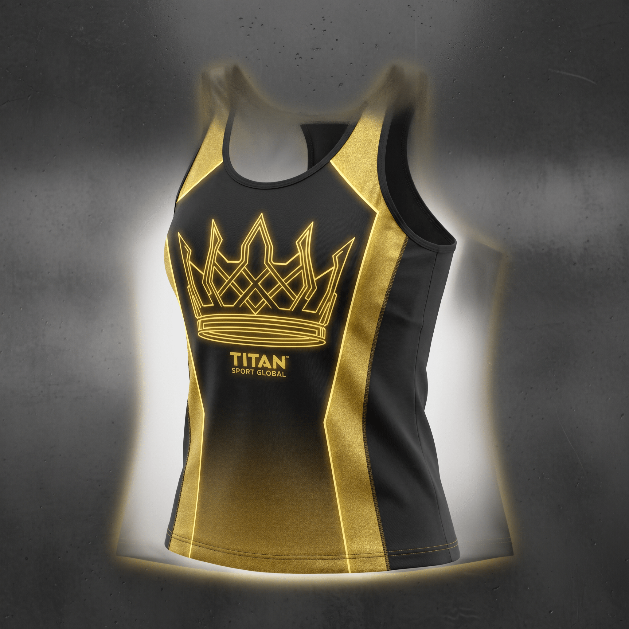 Black and gold women athletic tank top with a crown logo and Titan Sport Global text.