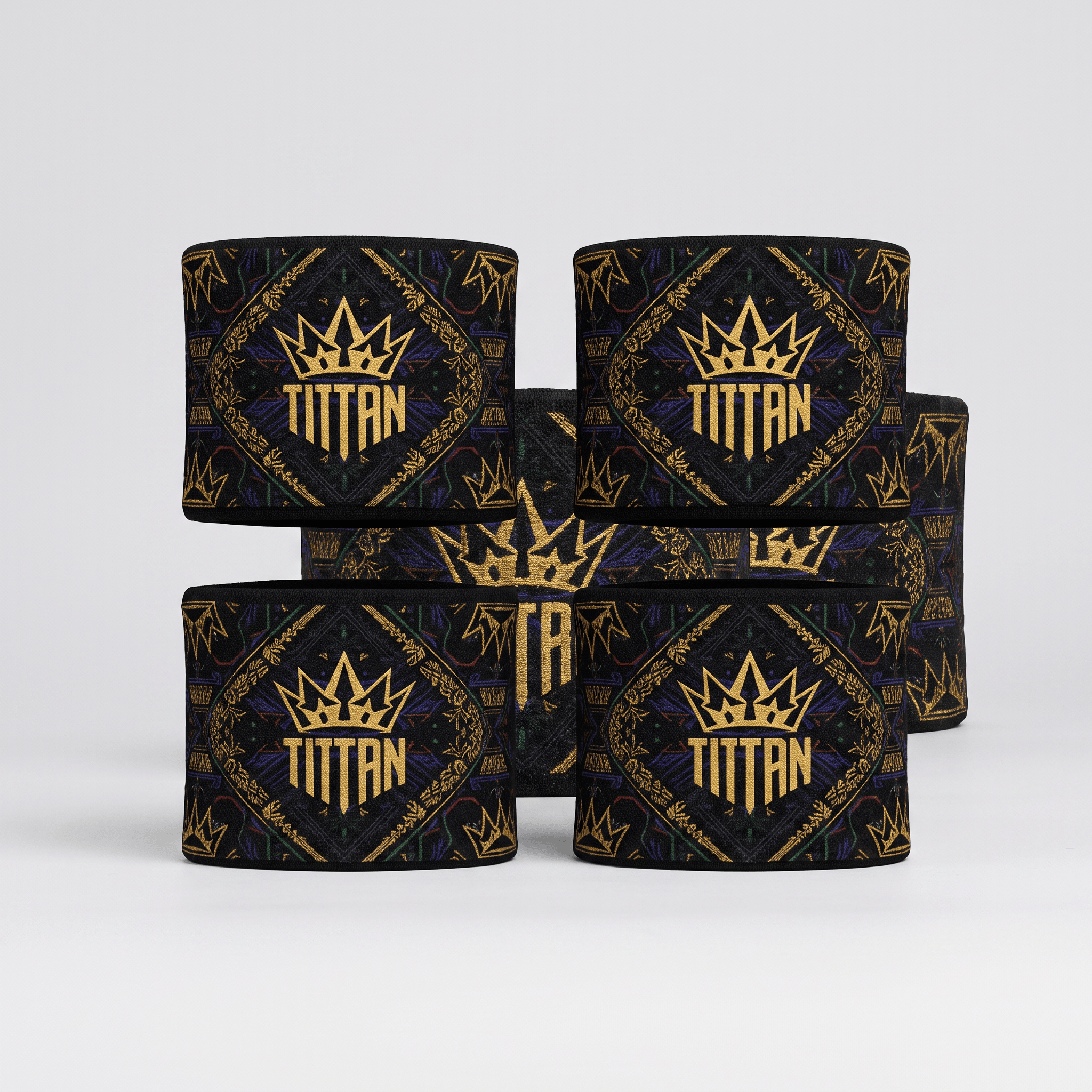 Four black wrist wraps with gold crown logos and intricate patterns displayed against a light background.