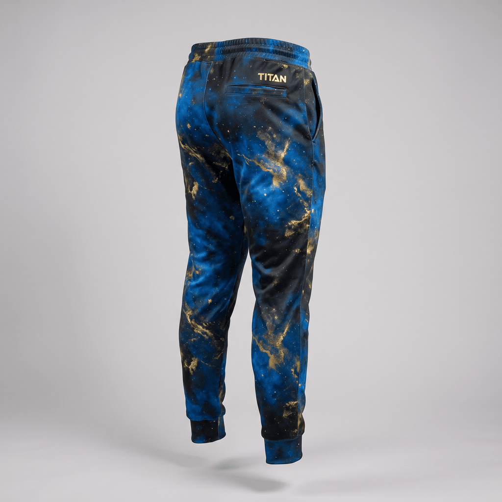 Rear view of blue and black galaxy print joggers with gold nebula accents and the Titan logo on the back pocket.