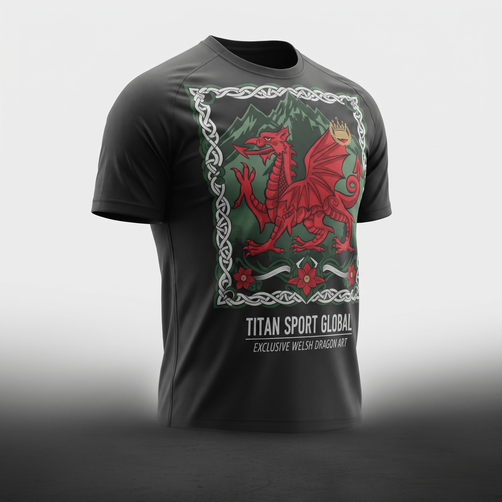 Dark grey t-shirt featuring a red Welsh dragon graphic with mountains, Celtic borders, and Titan Sport Global text.
