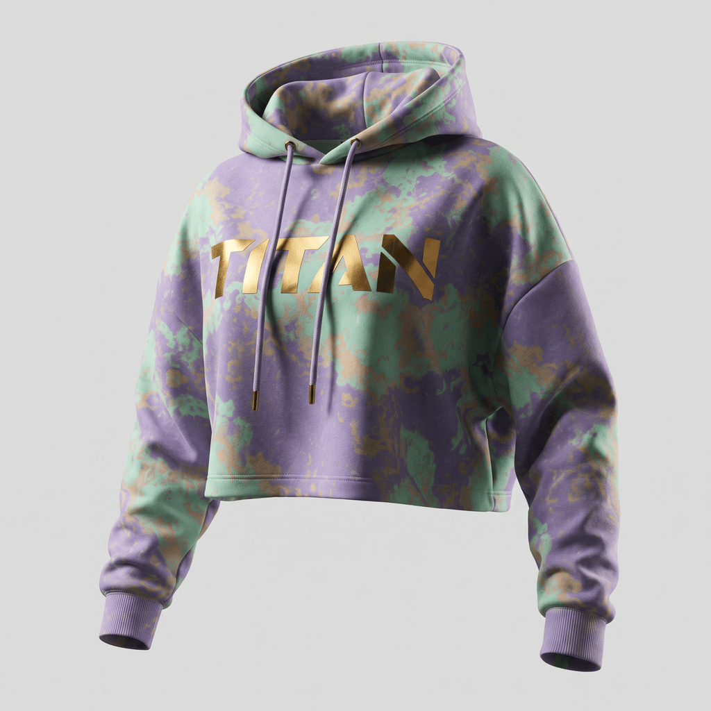 Purple and mint tie-dye crop hoodie with a gold Titan logo across the chest.