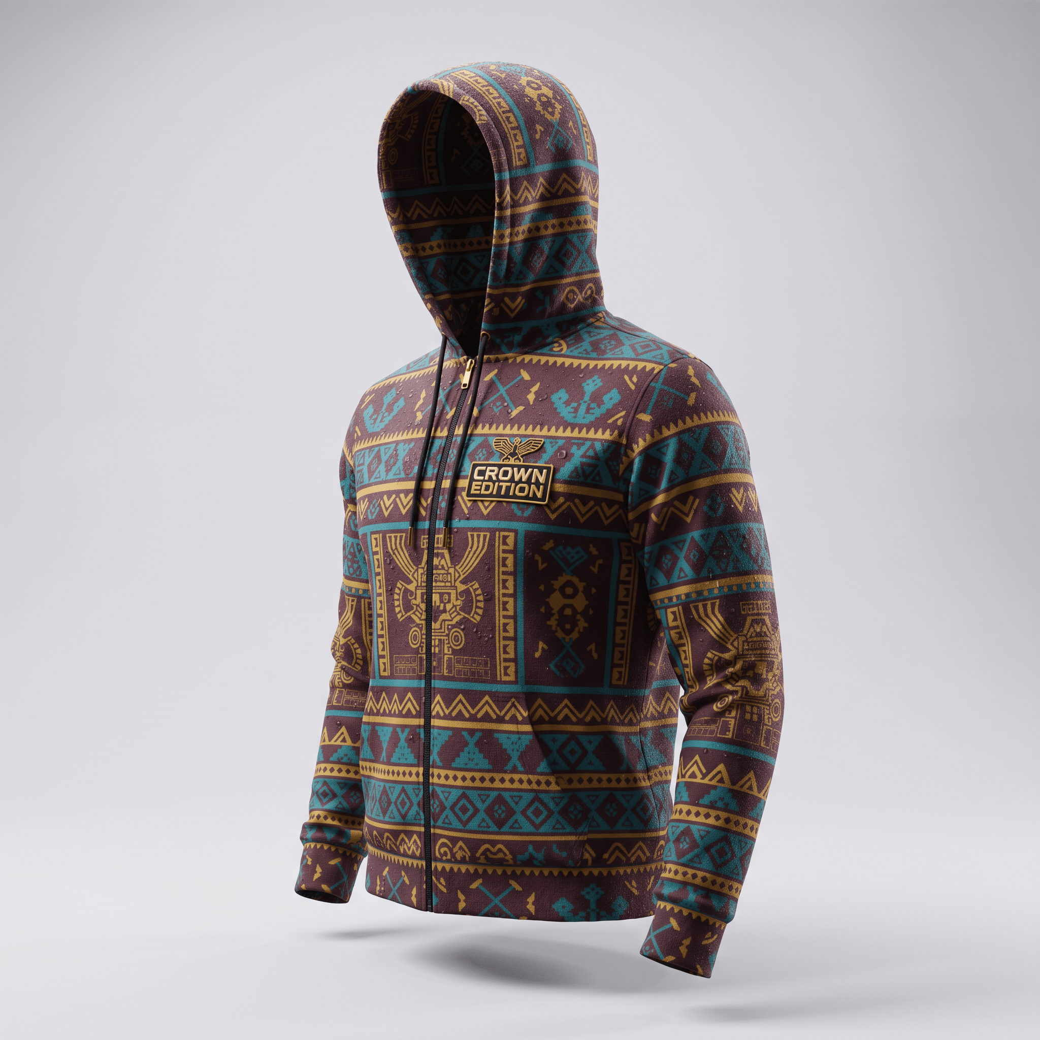 Maroon zip hoodie with Aztec print in teal and gold, featuring a Crown Edition chest patch.