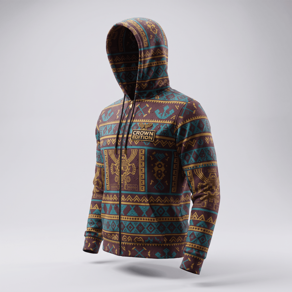 Brown zip-up hoodie featuring Aztec patterns in teal and gold, with a Crown Edition chest logo.