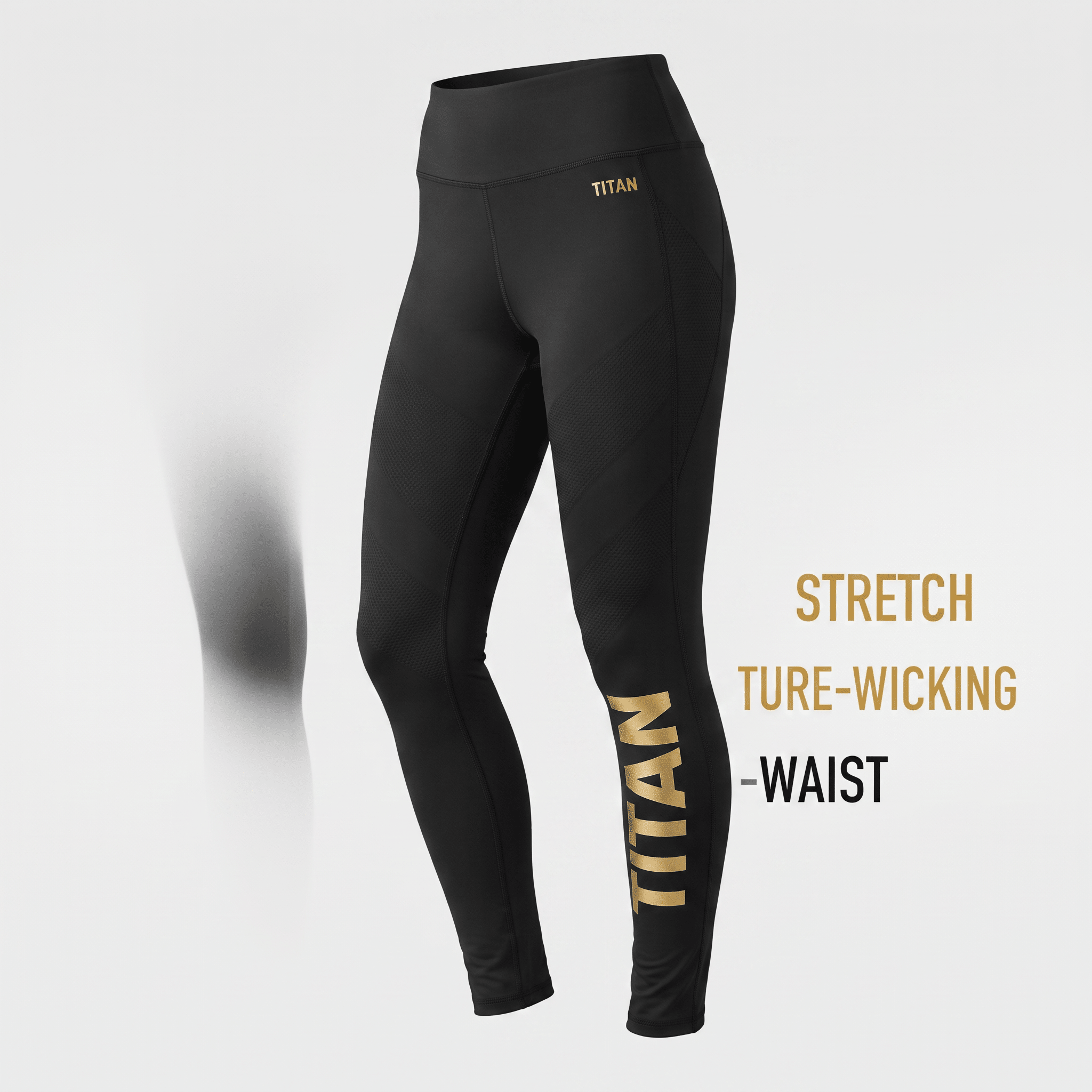 Black high-waisted Titan athletic leggings with gold branding and moisture-wicking stretch fabric.