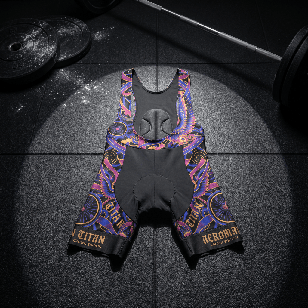 Black cycling bib shorts with purple and gold wing patterns and "Titan Crown Edition" branding, on a gym floor.