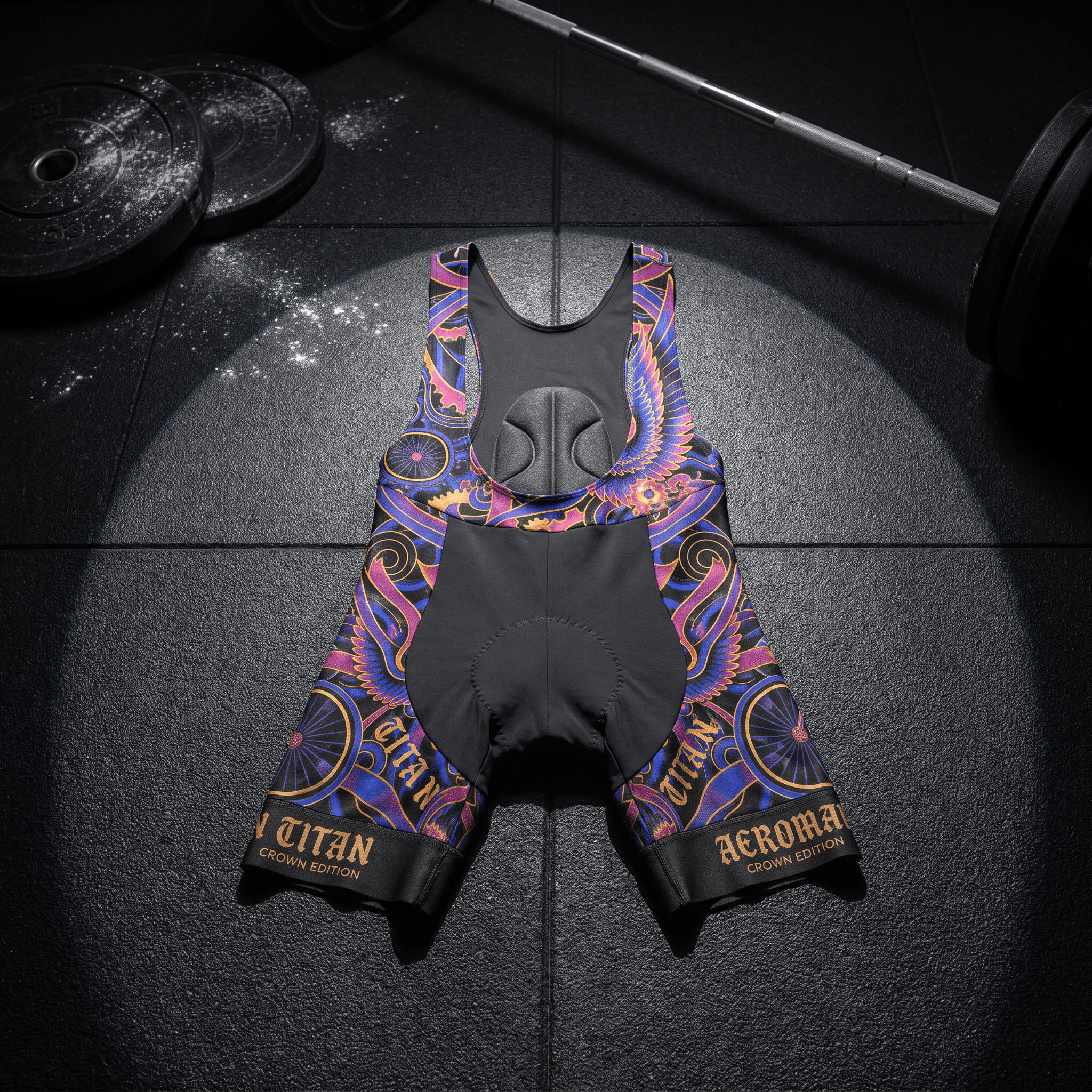 Black cycling bib shorts with purple and gold wing patterns and "Titan Crown Edition" branding, on a gym floor.