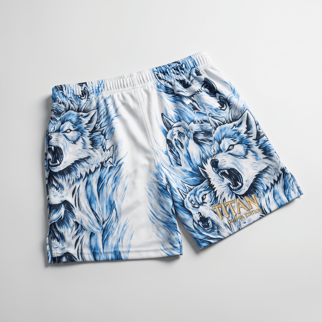 White athletic shorts with blue howling wolf graphic print and gold Titan text.