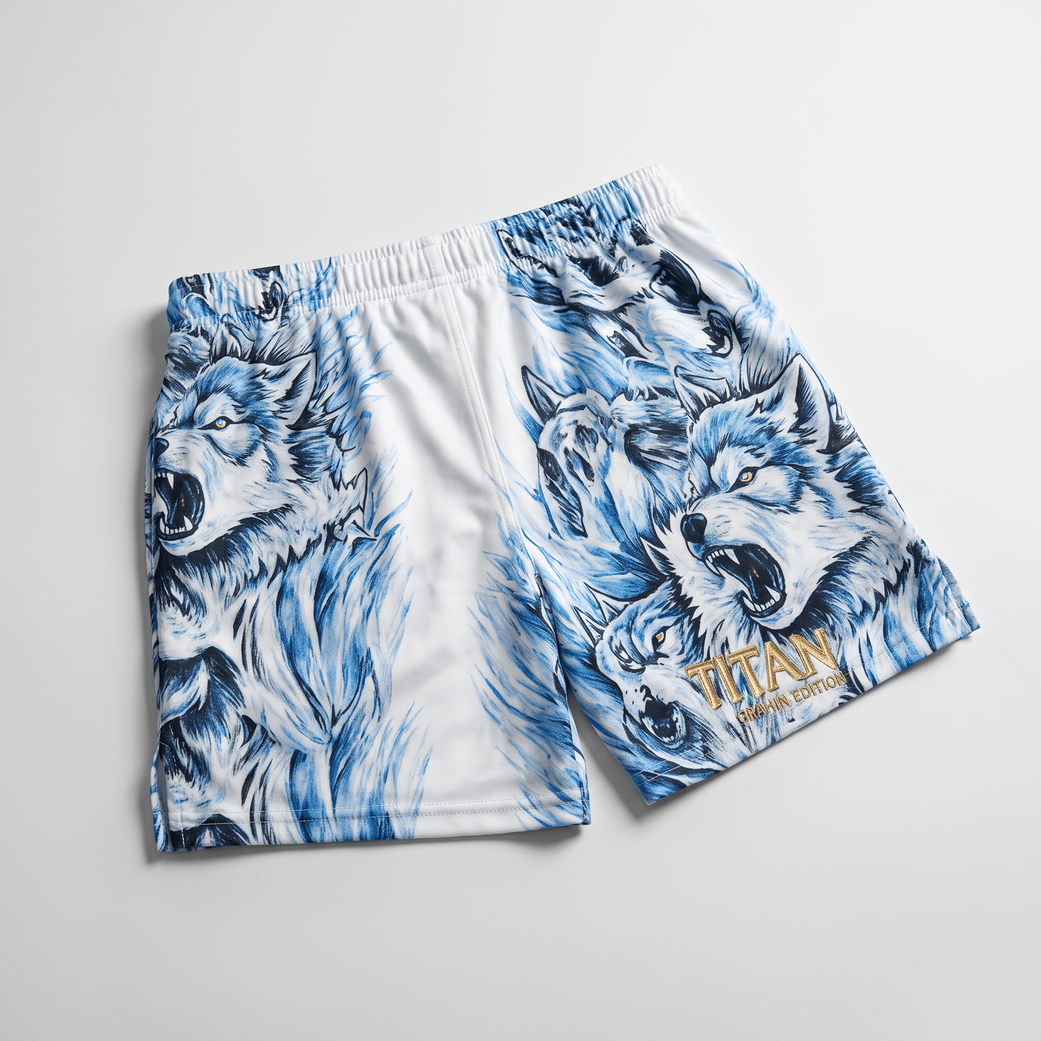 White athletic shorts with blue howling wolf graphic print and gold Titan text.