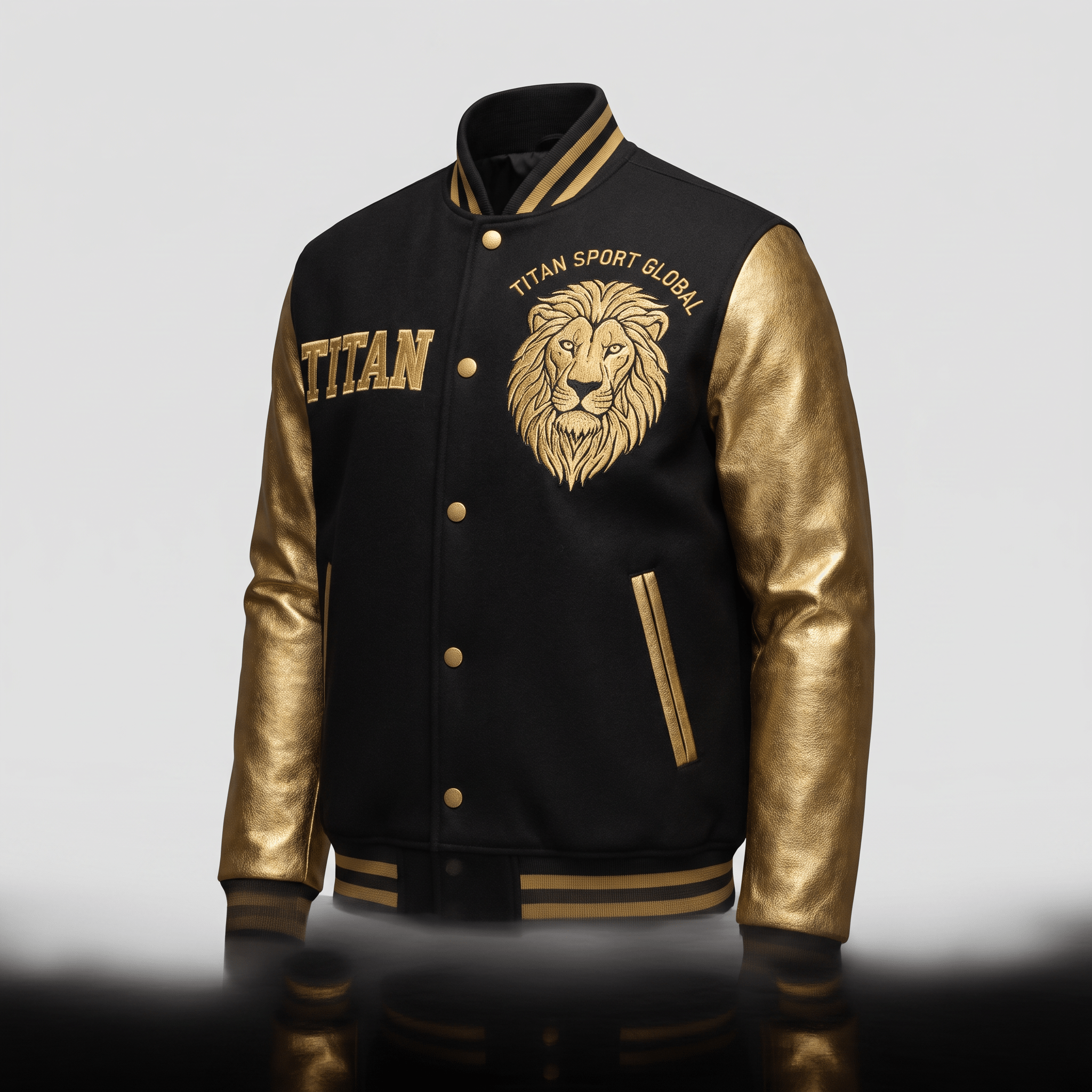 Black and gold varsity jacket with embroidered lion graphic and Titan Sport Global text.