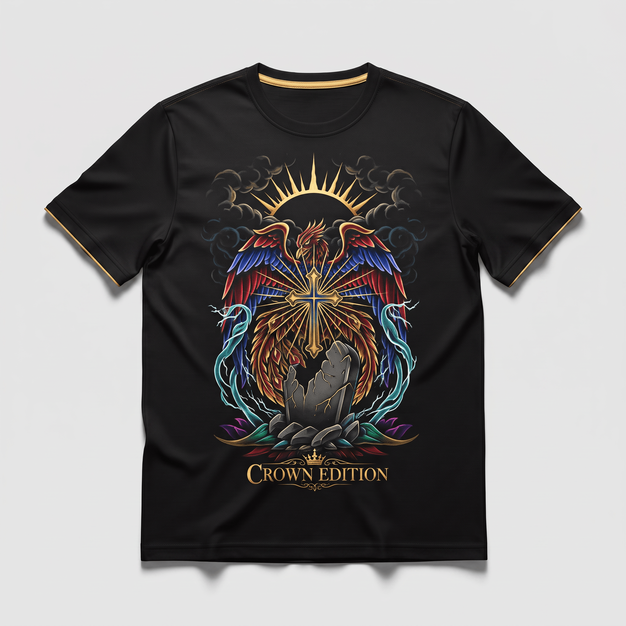 Black t-shirt with a colorful graphic of a phoenix, cross, and tombstone under a sunburst.