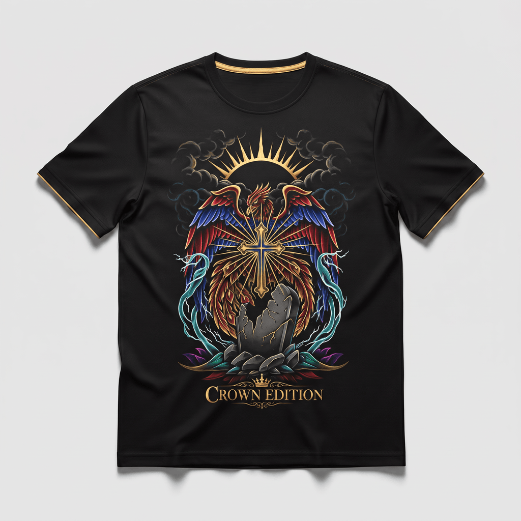 Black crewneck t-shirt featuring a colorful graphic of a phoenix, cross, and Crown Edition text.