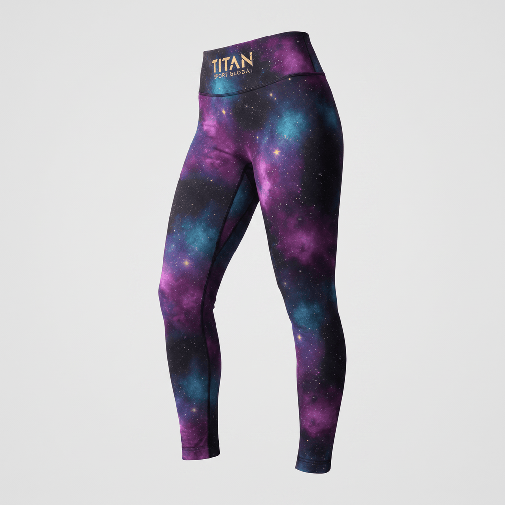 Titan Sport Global high-waisted athletic leggings featuring a purple and blue galaxy space print with gold branding.