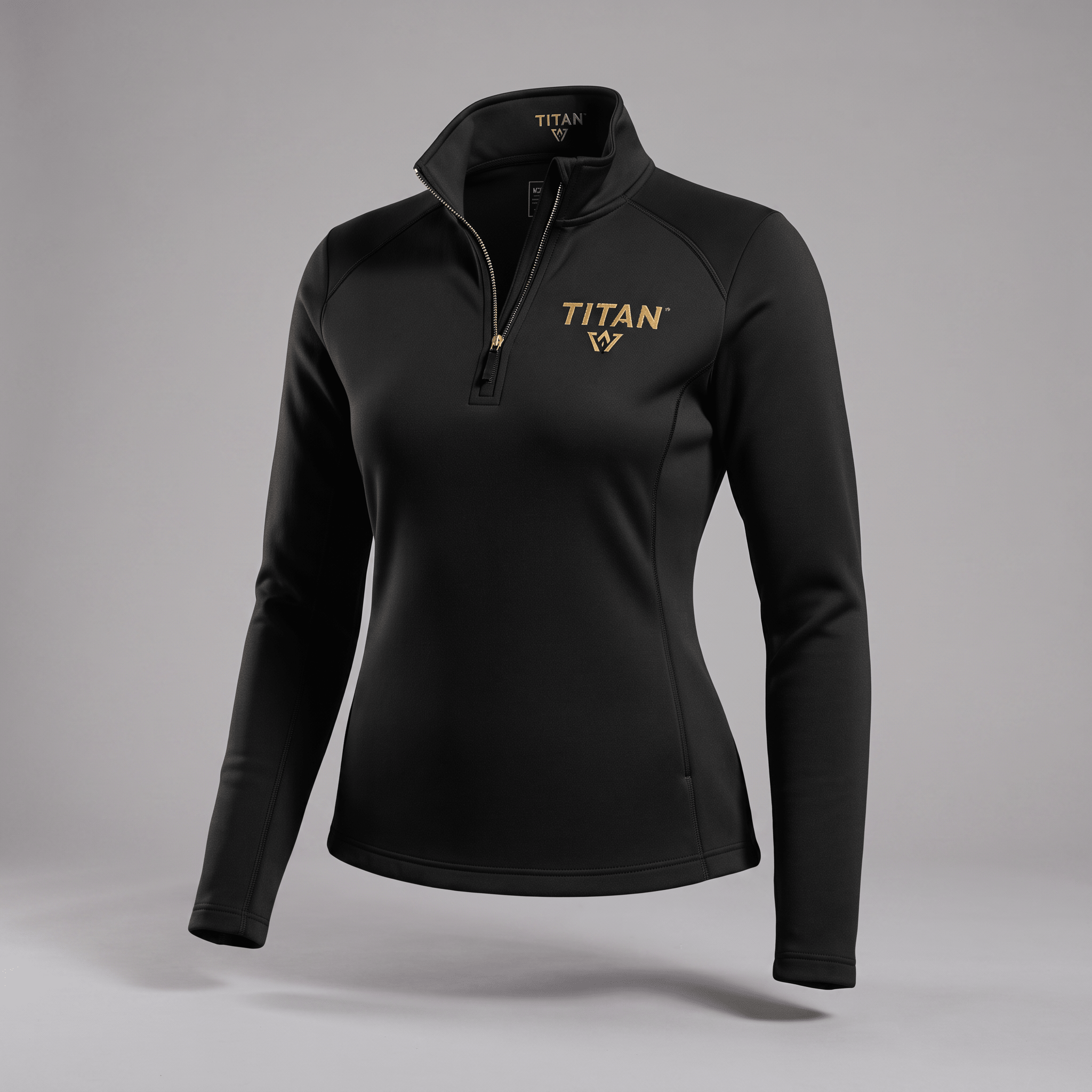 Black women's long-sleeve quarter-zip pullover with gold Titan logo and stand collar on light gray background.