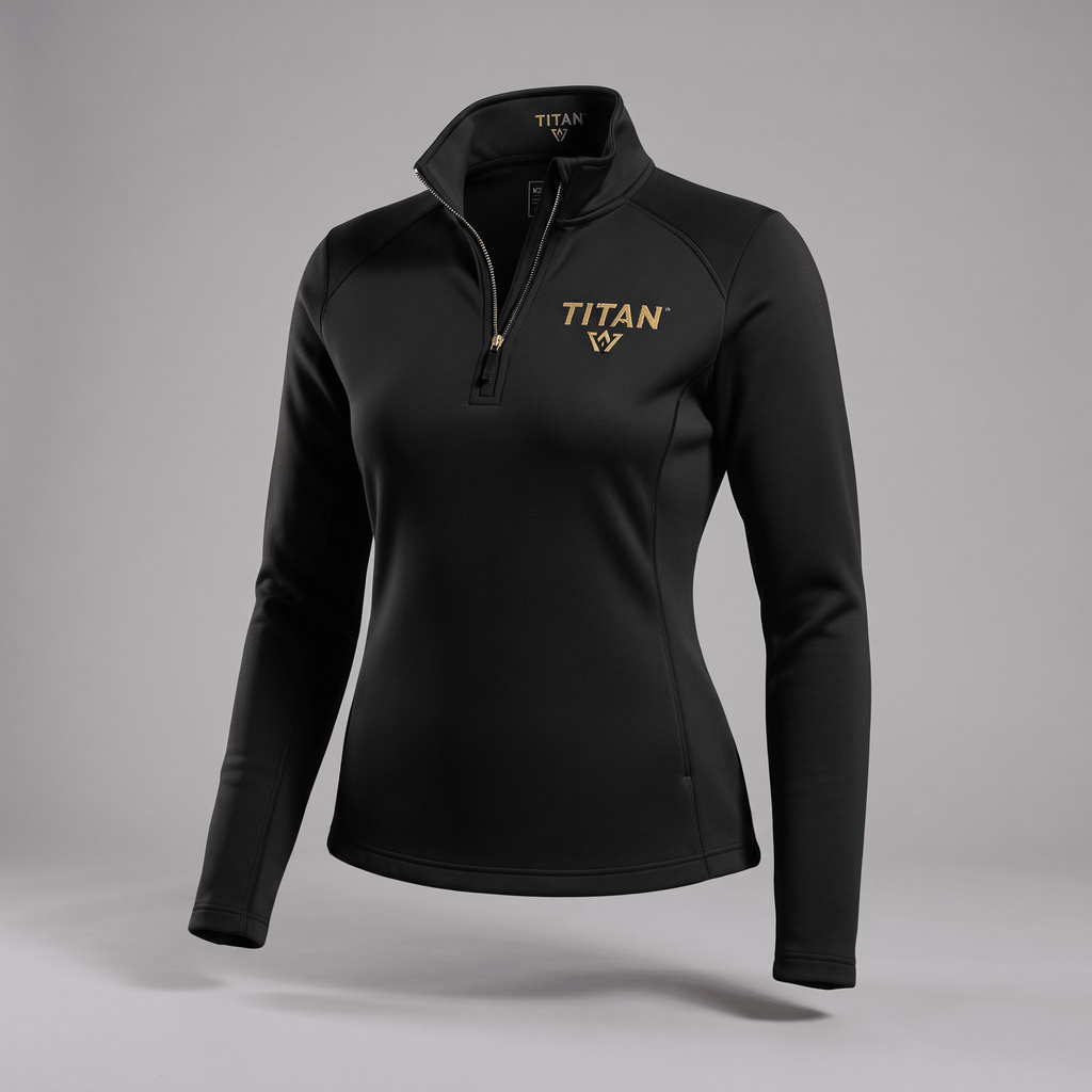 Black women's quarter-zip athletic pullover with gold Titan logo on the chest.