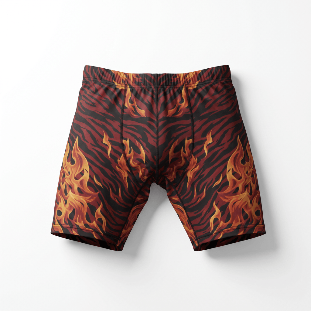 Boxer briefs with red and black tiger stripes and orange flame graphics against a white background.