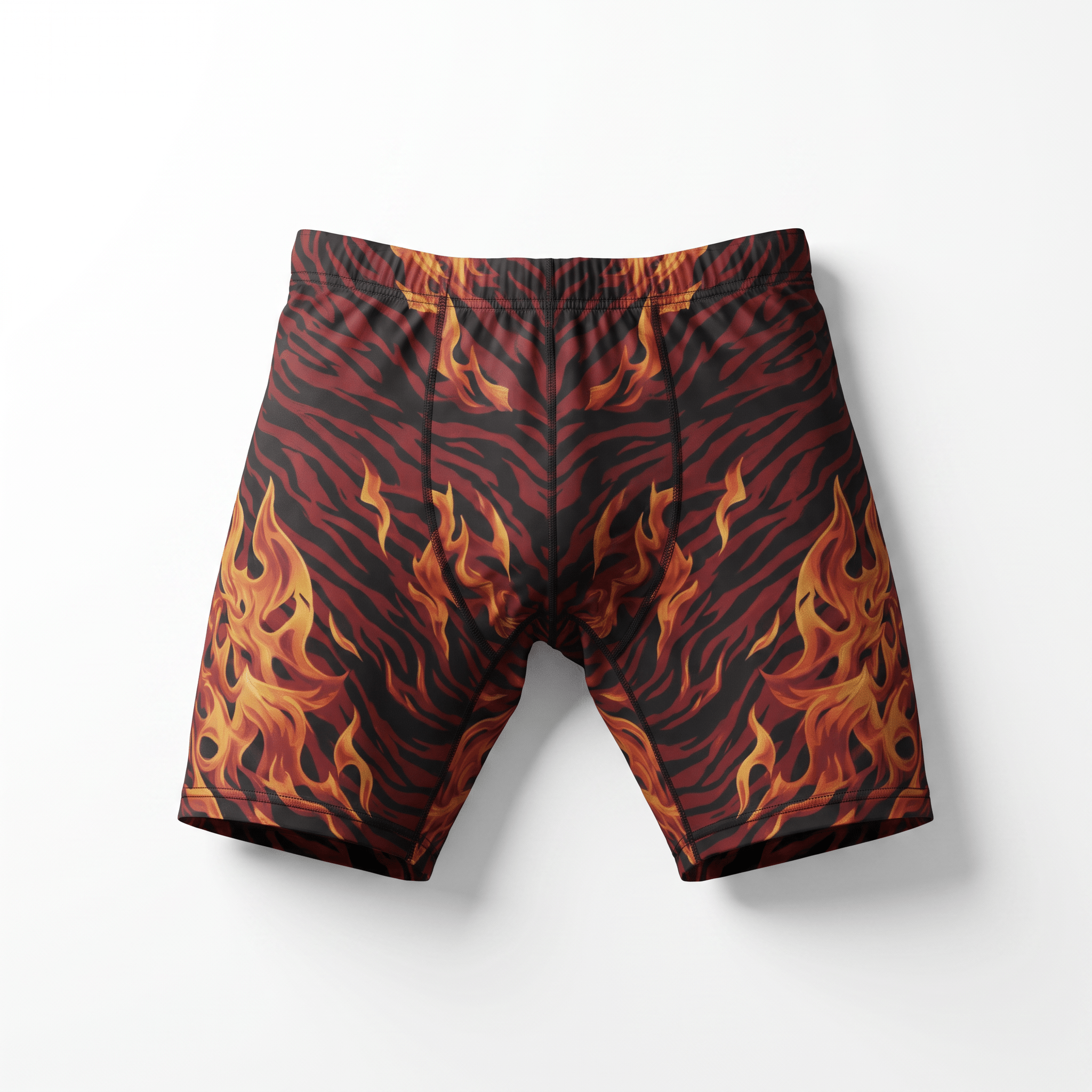 Boxer briefs with red and black tiger stripes and orange flame graphics against a white background.