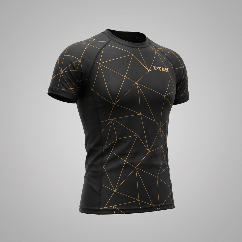 Black short-sleeve compression rash guard with gold geometric geometric lines and Titan logo.