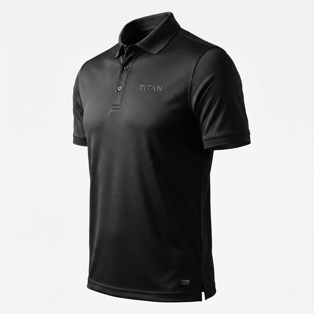 Black Titan short-sleeve athletic polo shirt with a button placket and subtle chest logo.