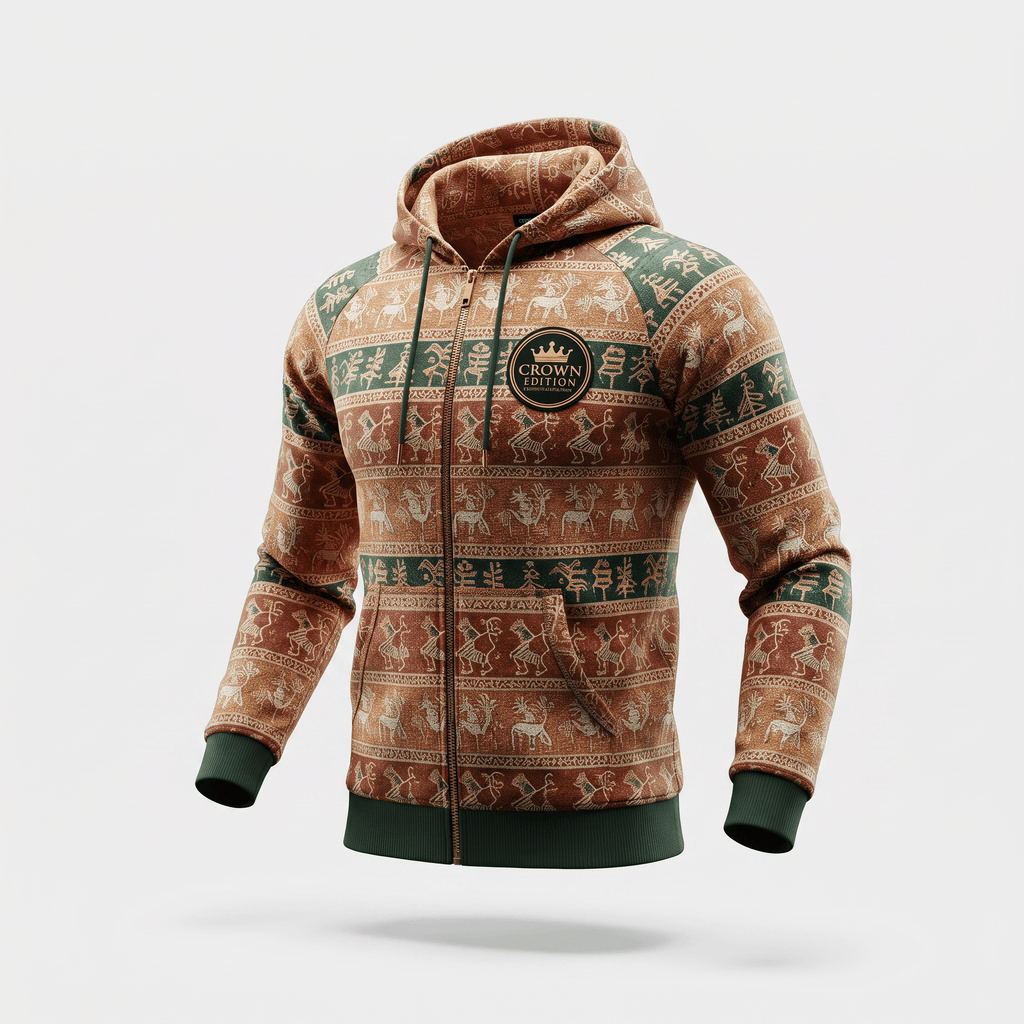 Brown and green zip-up hoodie featuring a festive Crown Edition pattern with reindeer and ancient motifs.