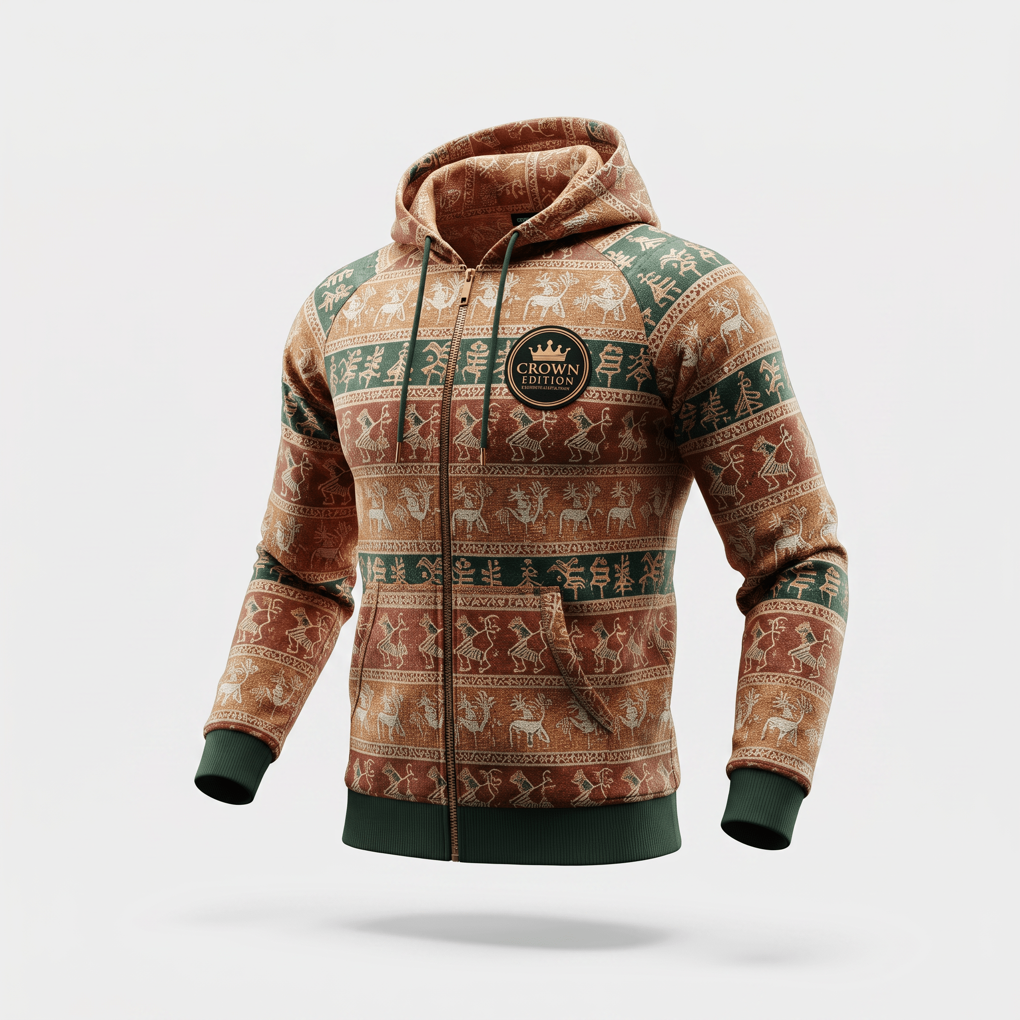 Brown and green zip-up hoodie featuring a festive Crown Edition pattern with reindeer and ancient motifs.
