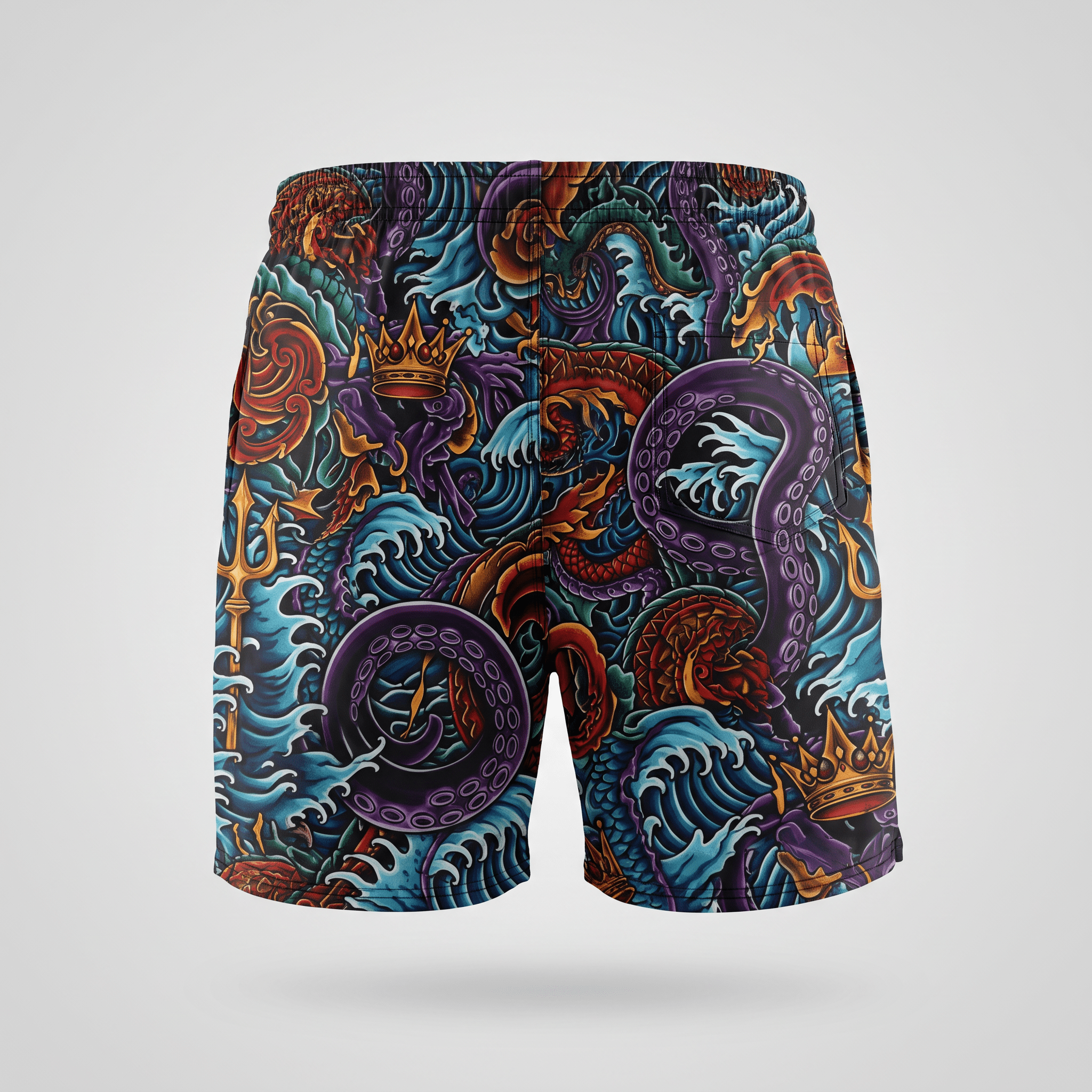 Black swim trunks featuring a colorful Japanese tattoo print with dragons, waves, and octopuses.