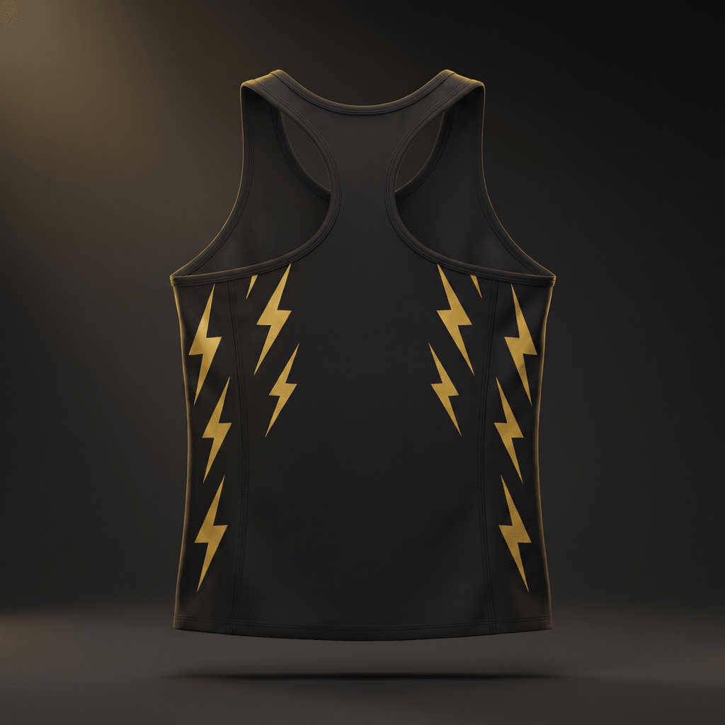 Black athletic racerback tank top with gold lightning bolt patterns on the back.