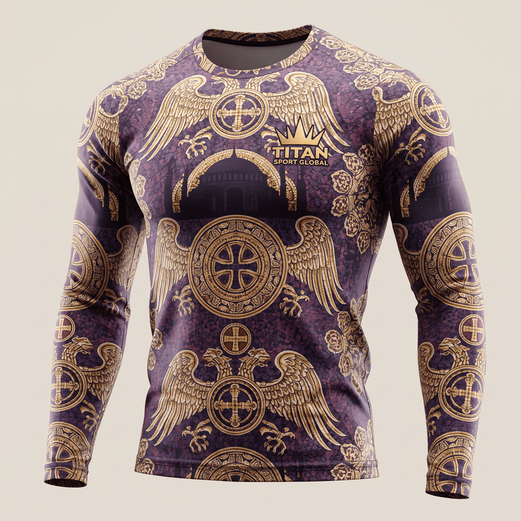 Purple long-sleeve rash guard with gold Byzantine double-headed eagle and cross pattern, Titan Sport Global logo.