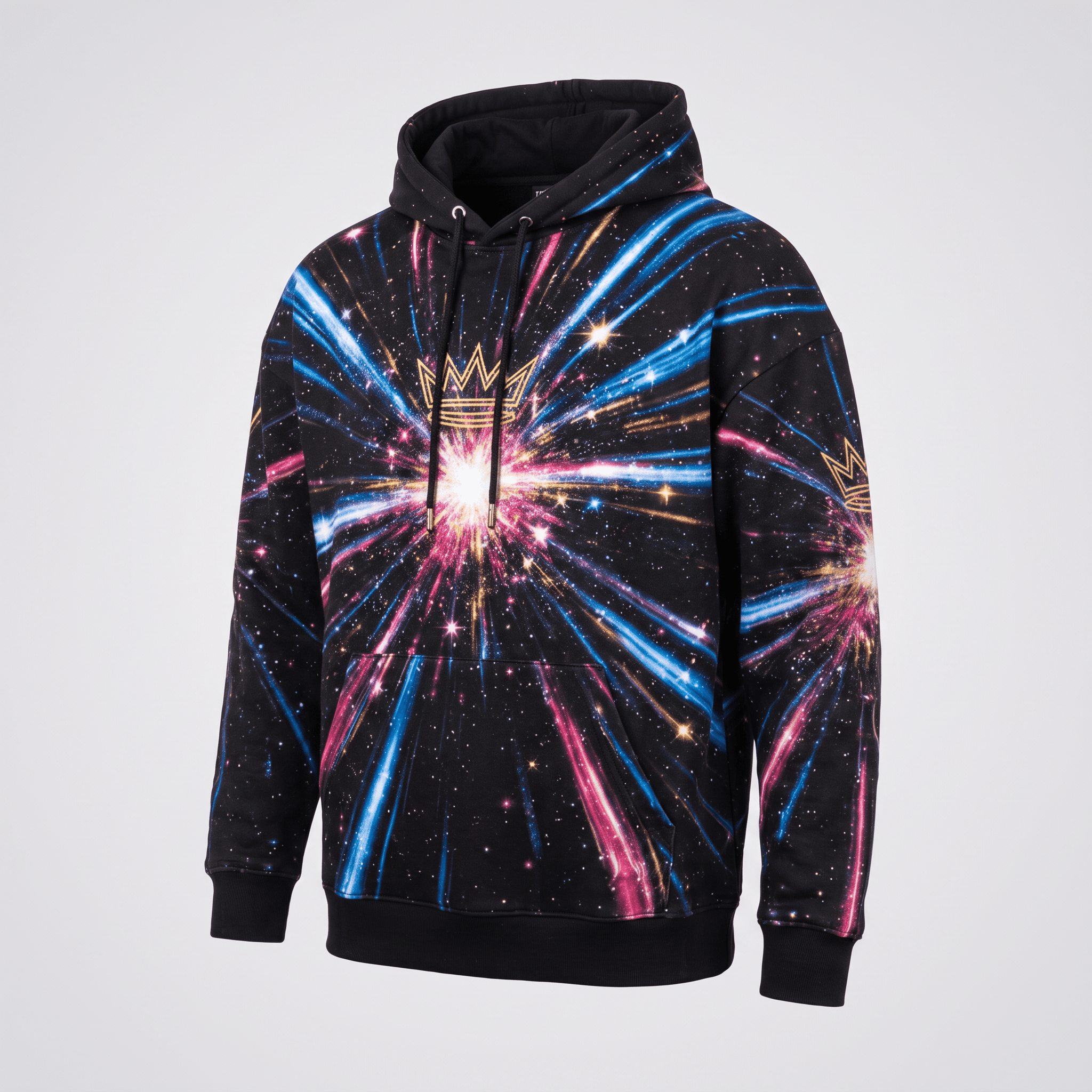 Black hoodie featuring a vibrant blue and pink starburst galaxy graphic with a gold crown logo on the chest.