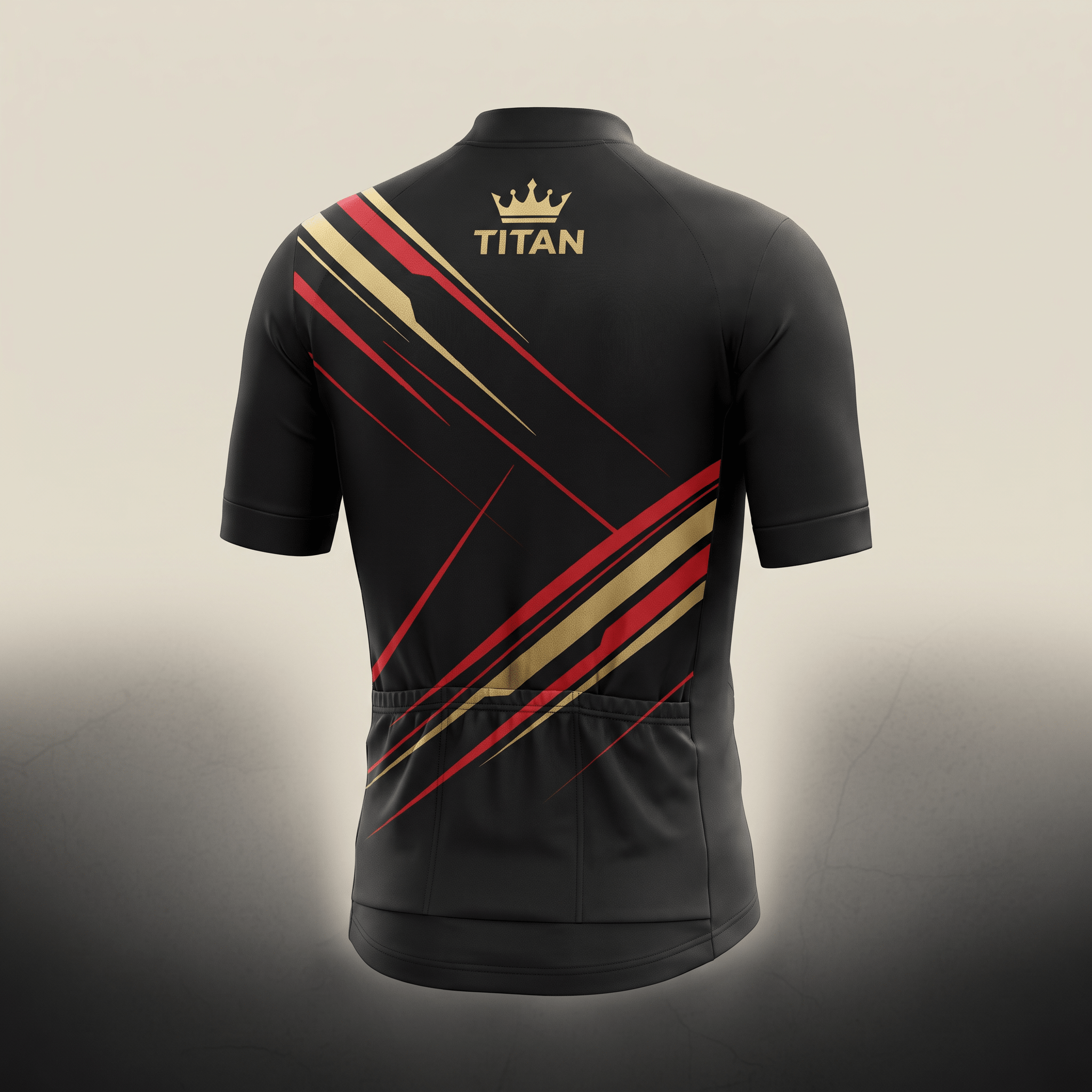 Back view of a black cycling jersey with red and gold diagonal stripes and Titan crown logo.