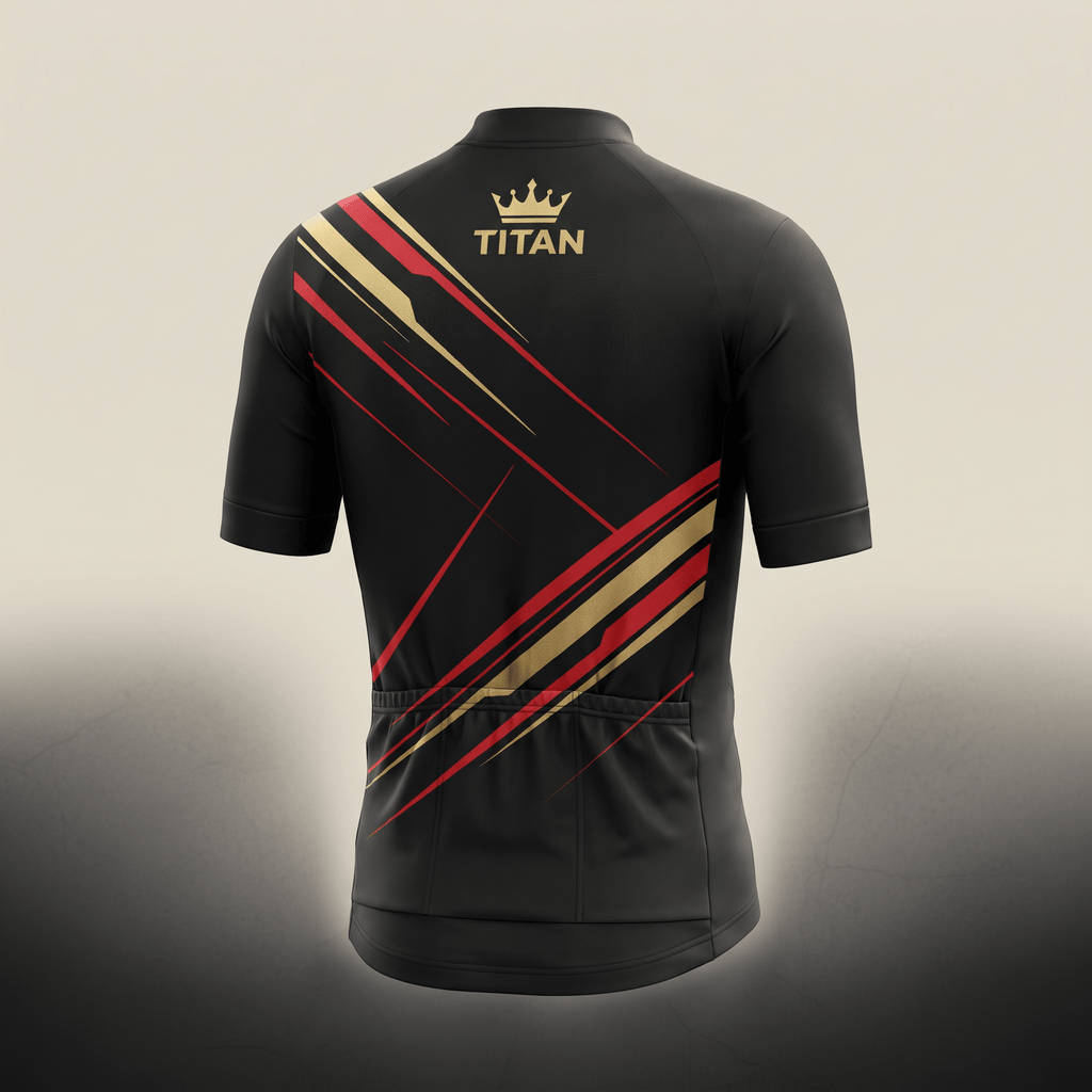 Back view of a black cycling jersey with red and gold diagonal stripes, rear pockets, and Titan logo.
