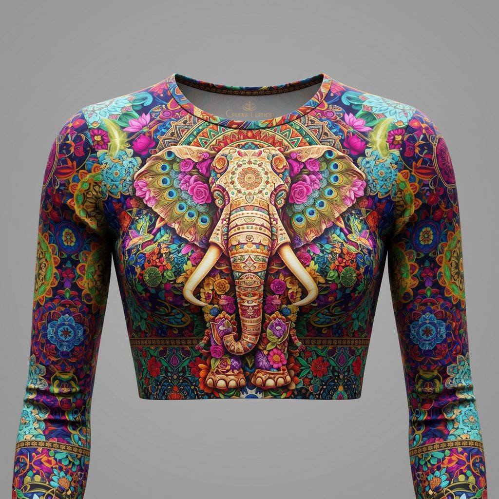 Long-sleeve crop top featuring a colorful, detailed mandala elephant print in pink, blue, and gold.
