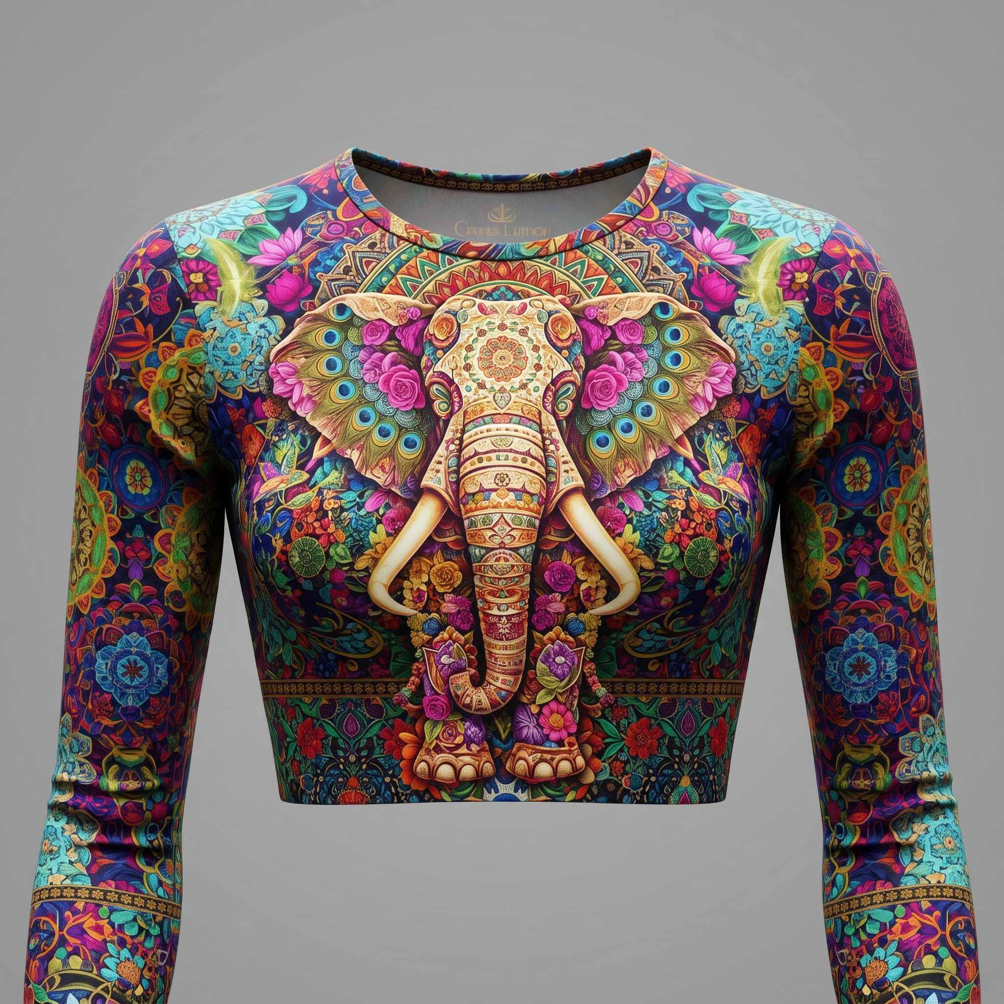 Long-sleeve crop top featuring a colorful, detailed mandala elephant print in pink, blue, and gold.