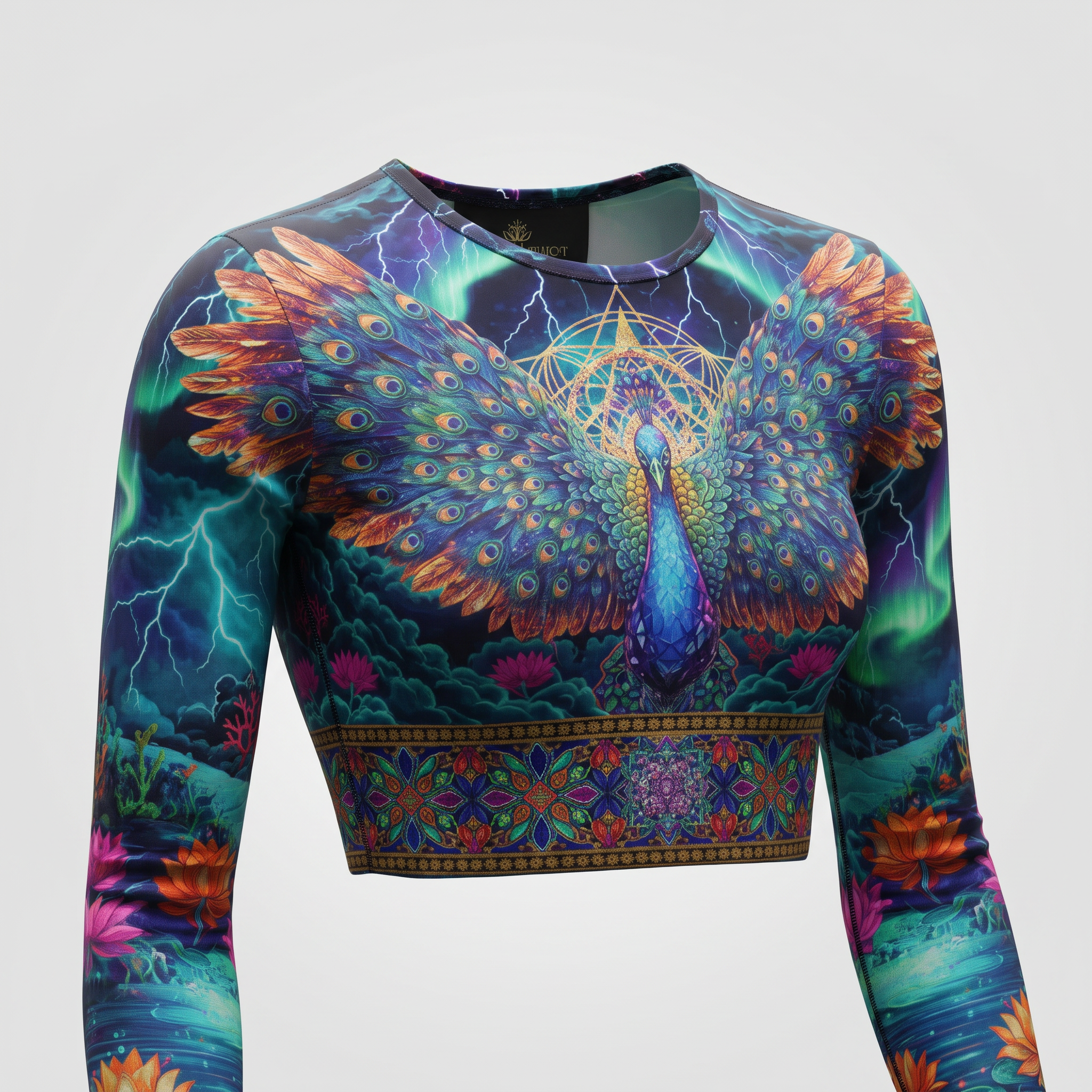Long sleeve crop top featuring a vibrant peacock graphic with blue, green, and orange feathers against a storm.