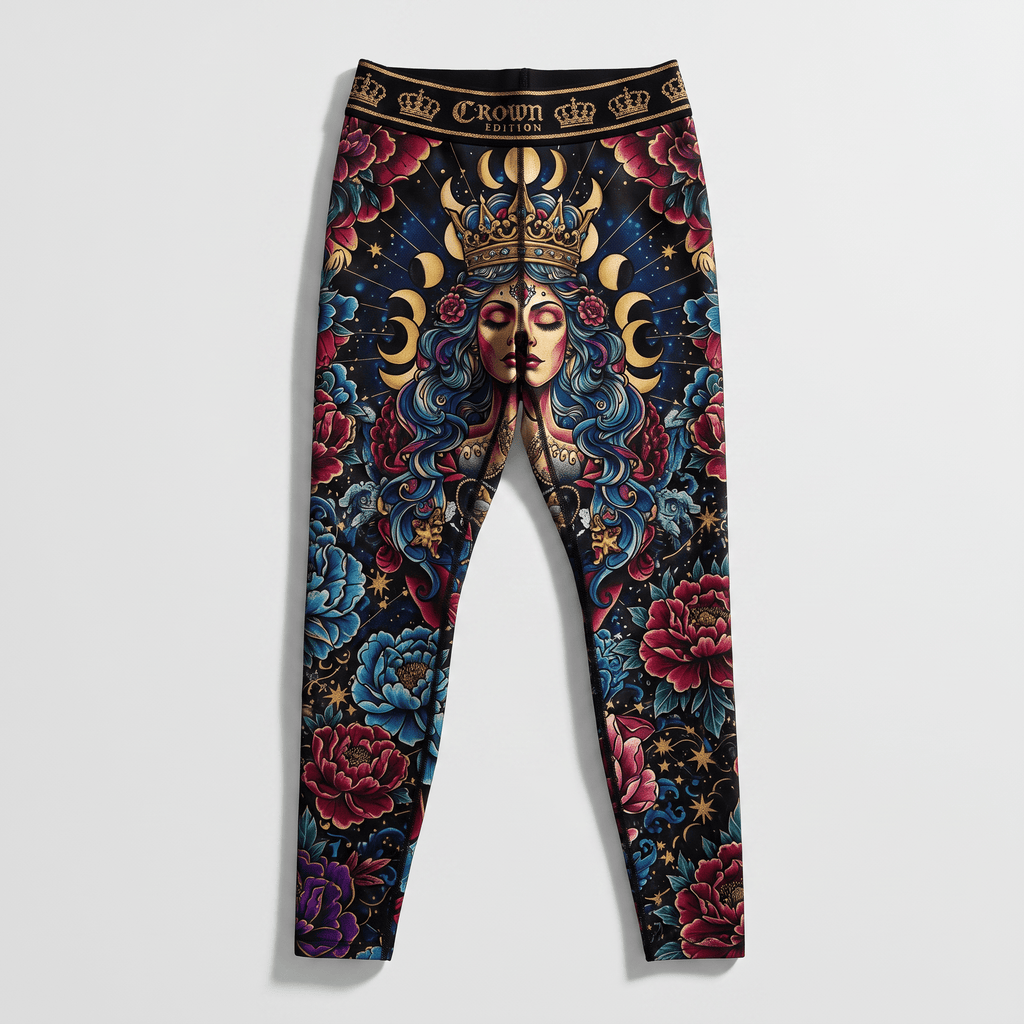 Black leggings with a colorful fantasy art print of a queen, moon phases, and floral motifs.