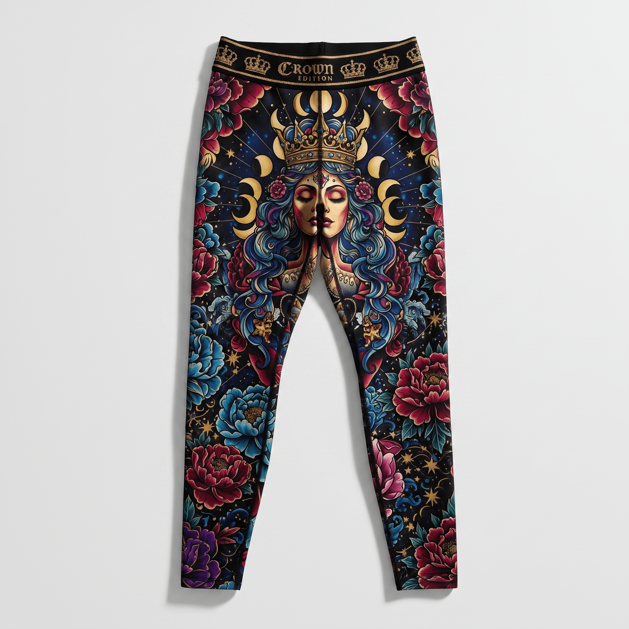 Black leggings with a colorful fantasy art print of a queen, moon phases, and floral motifs.