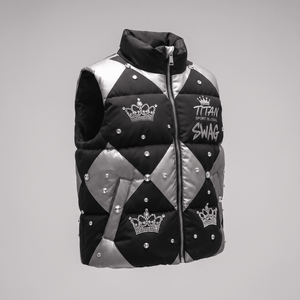 Black and silver puffer vest with argyle pattern, rhinestone crowns, and Titan Sport Global Swag graphics.