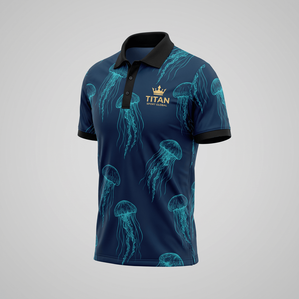 Dark blue polo shirt with cyan jellyfish print, black collar and cuffs, and Titan Sport Global logo.