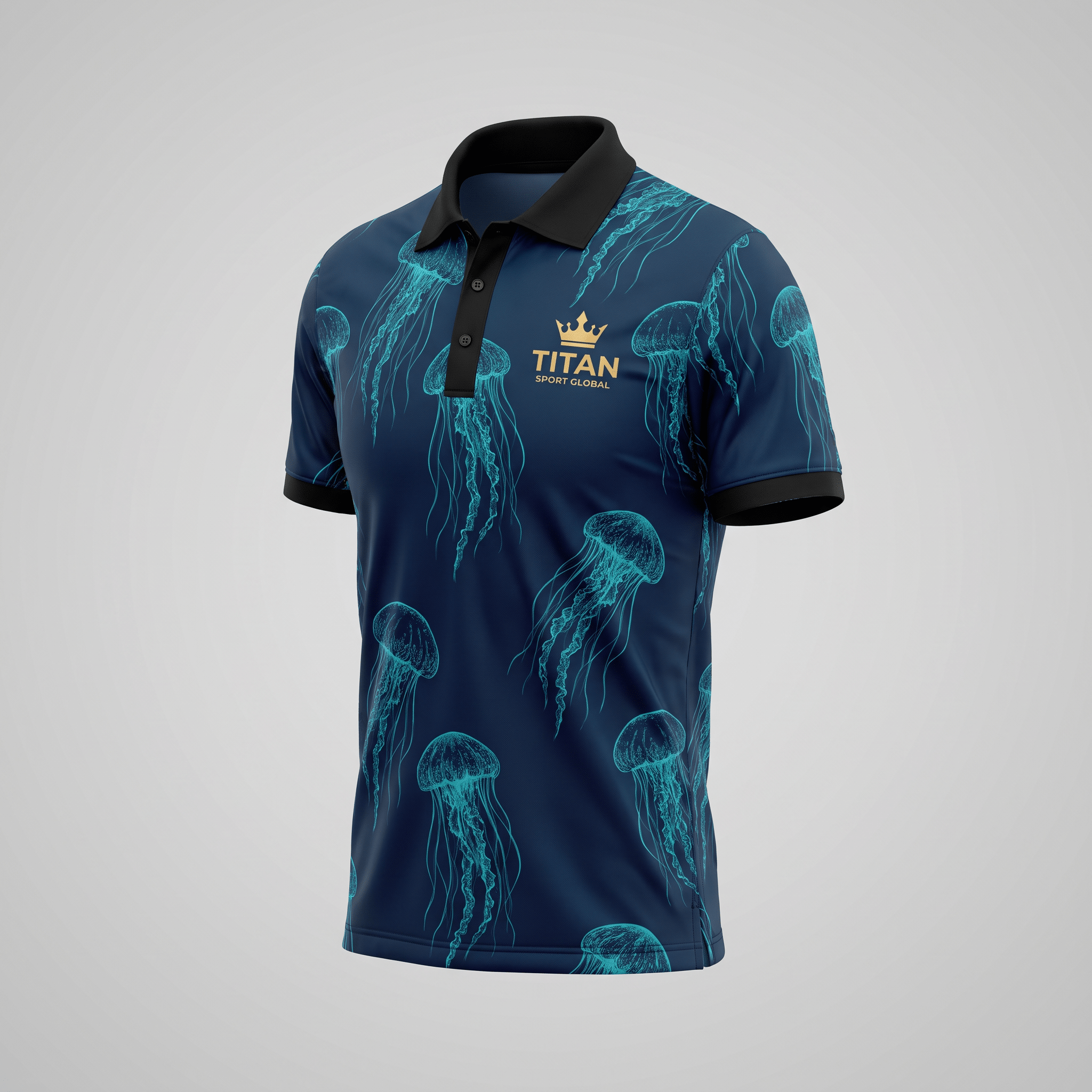 Dark blue polo shirt with cyan jellyfish print, black collar and cuffs, and Titan Sport Global logo.