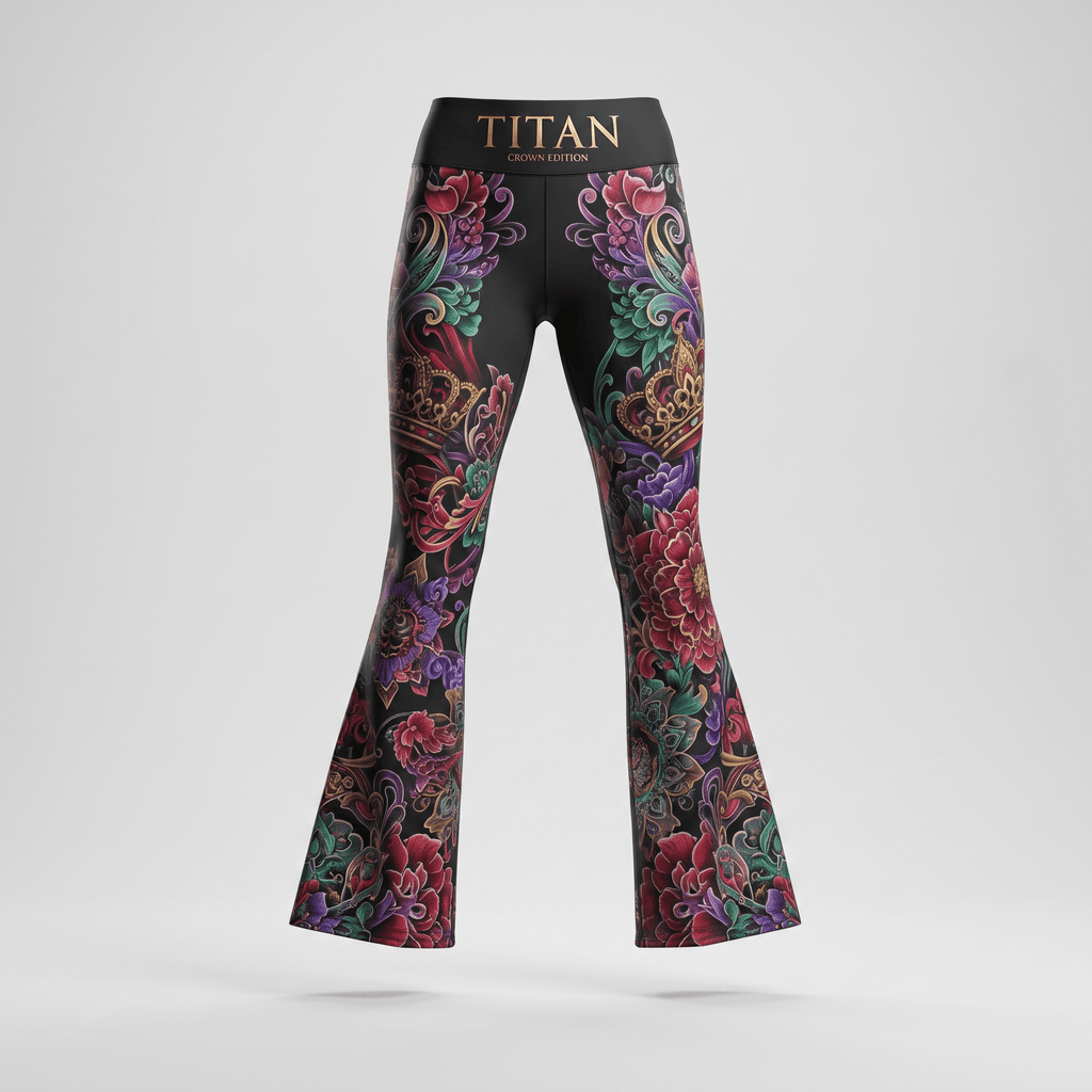 Titan Crown Edition black flare pants featuring vibrant floral and crown tattoo-style prints.