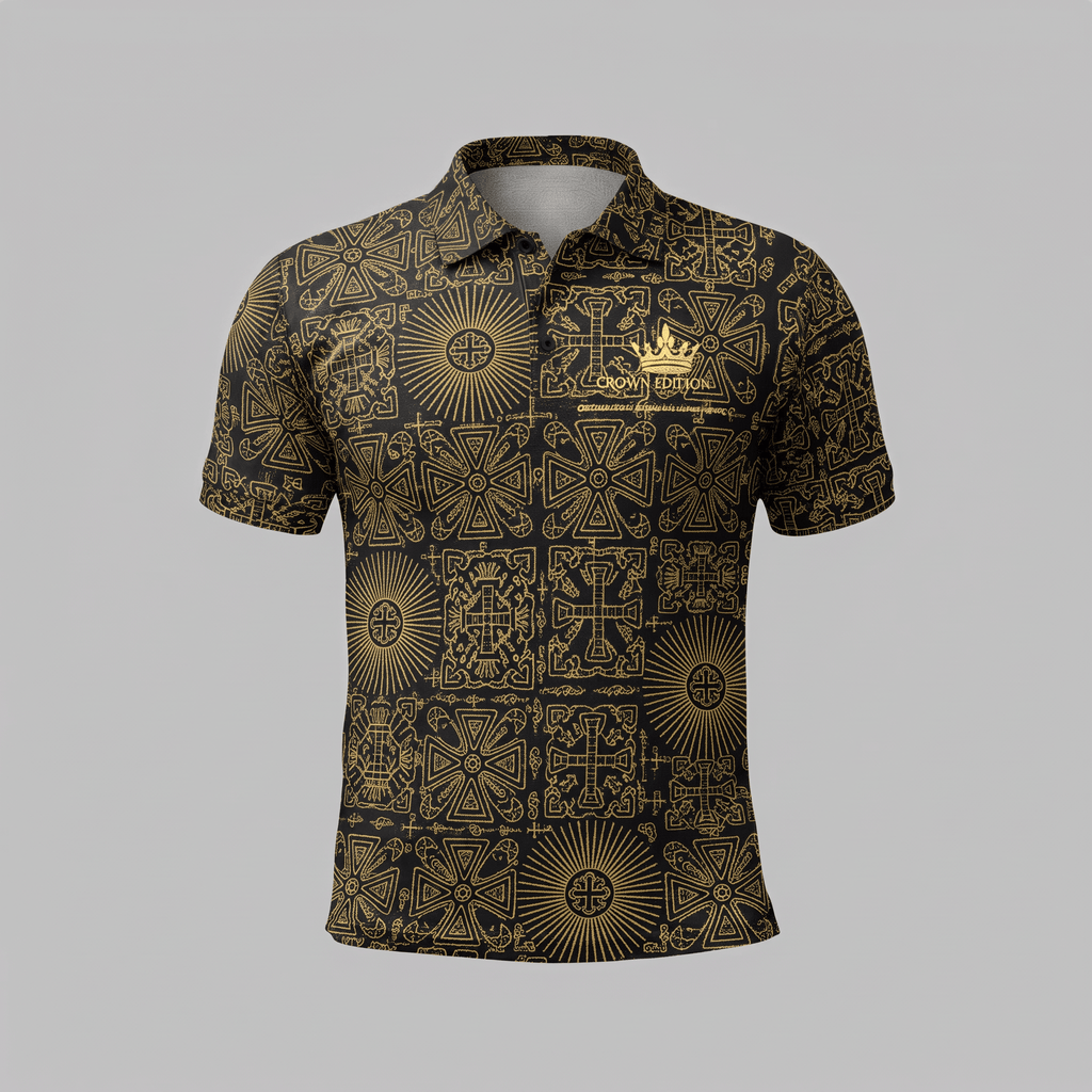 Black polo shirt featuring an allover gold geometric cross pattern and a crown edition chest logo.