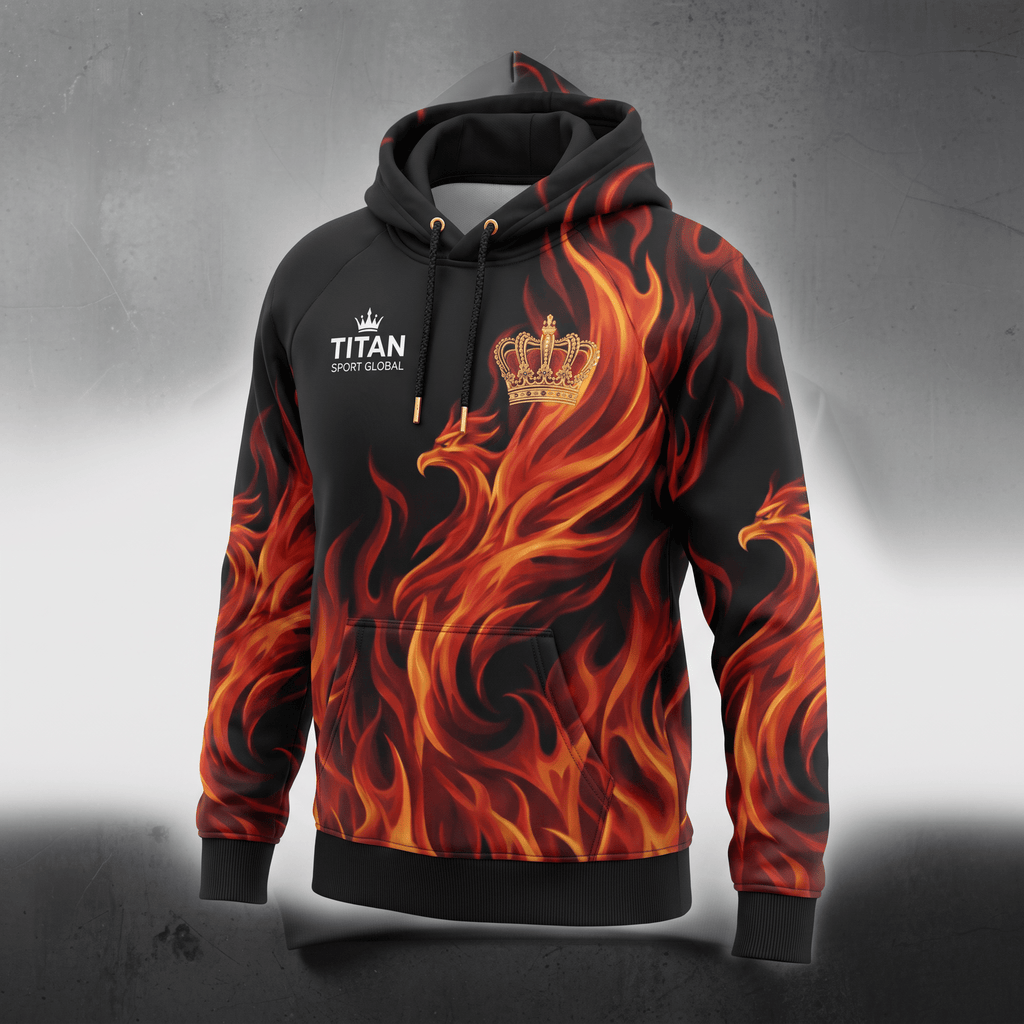 Black hoodie with red and orange flame graphic, phoenix motif, gold crown, and Titan Sport Global logo.