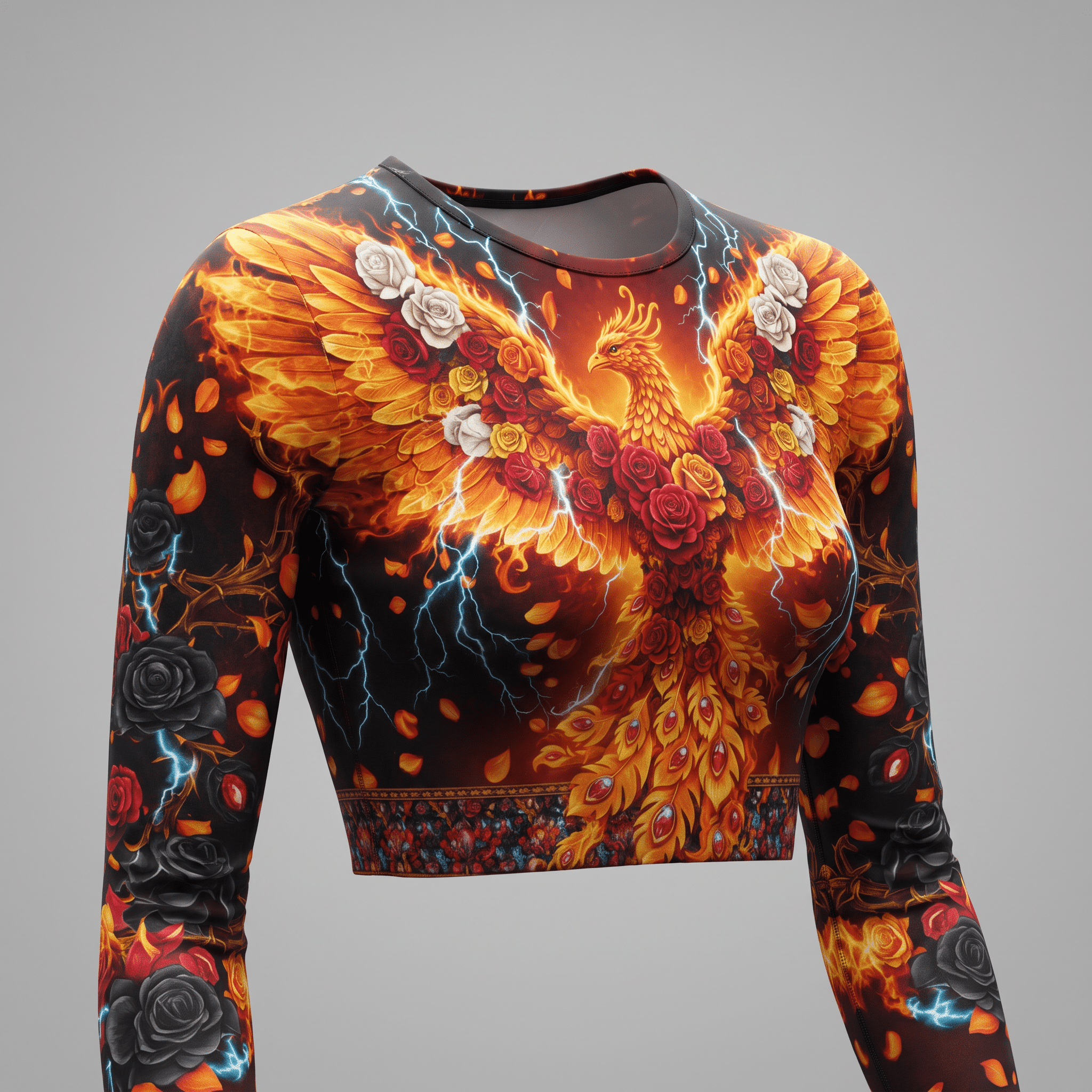Long-sleeve crop top featuring a fiery phoenix and rose graphic in red, orange, and black.
