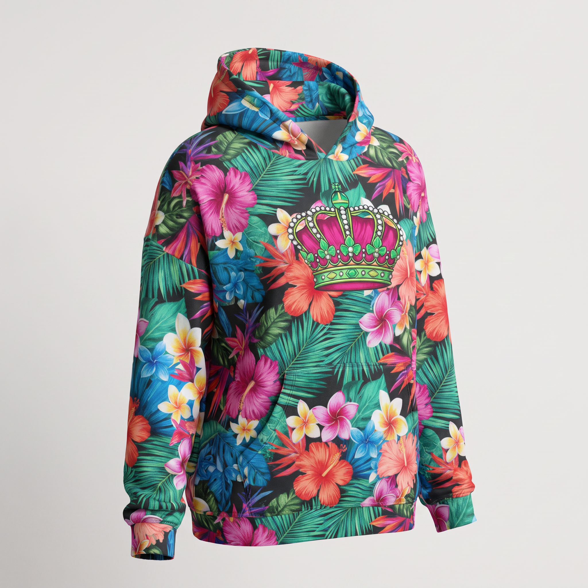 Black hoodie featuring a colorful tropical floral print and a large jeweled crown graphic on the chest.