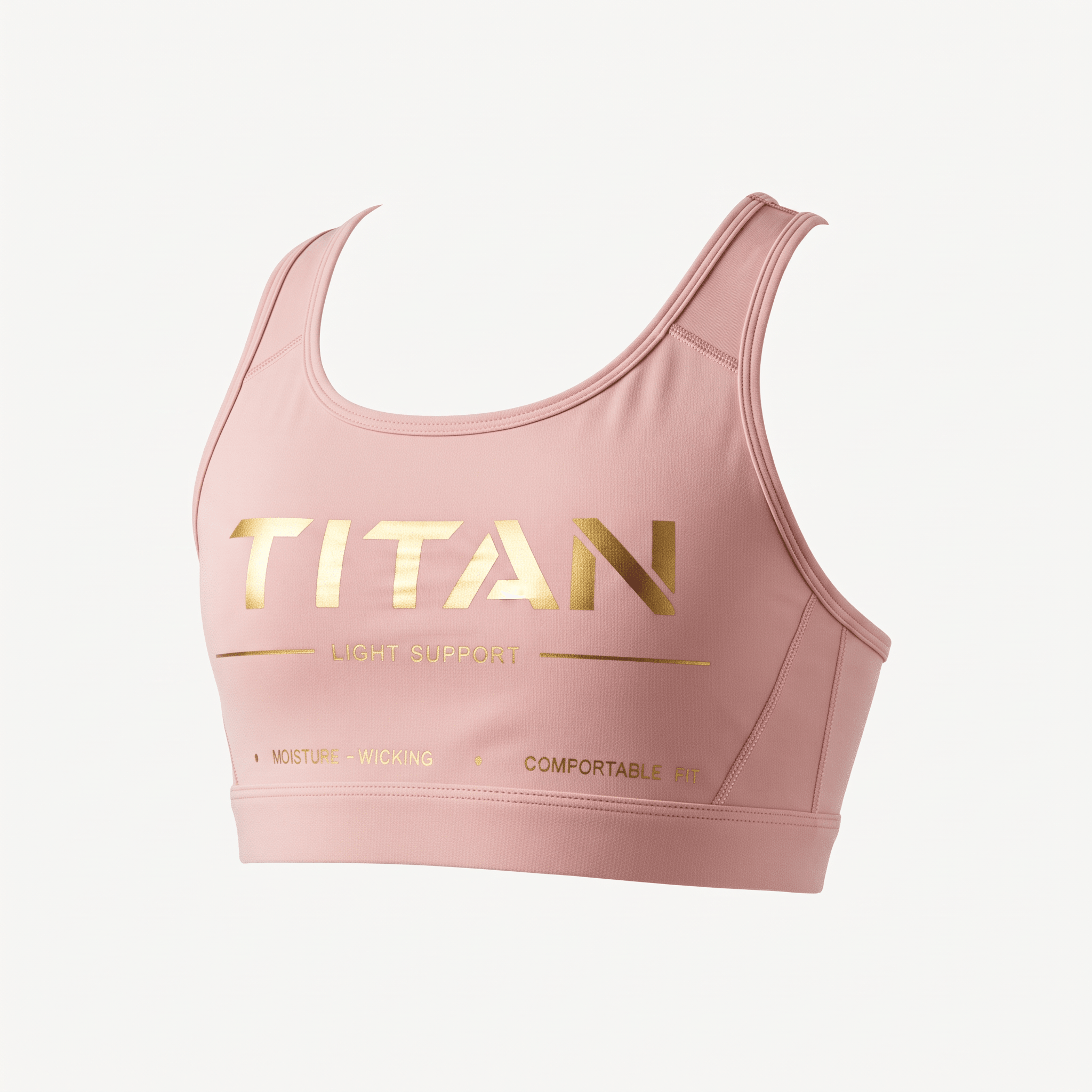 Dusty pink sports bra with gold Titan logo and light support text on a white background.